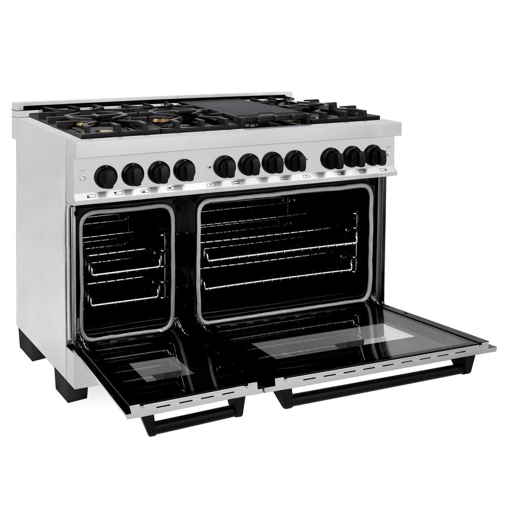 ZLINE Autograph Edition 48-inch Stainless Steel Kitchen Package - Dual Fuel Range, Range Hood, Dishwasher & Refrigerator with Matte Black Accents (4KAPR RARHDWM48 MB) | Premium Appliance Bundle for Modern Kitchens & Luxury Home Renovations