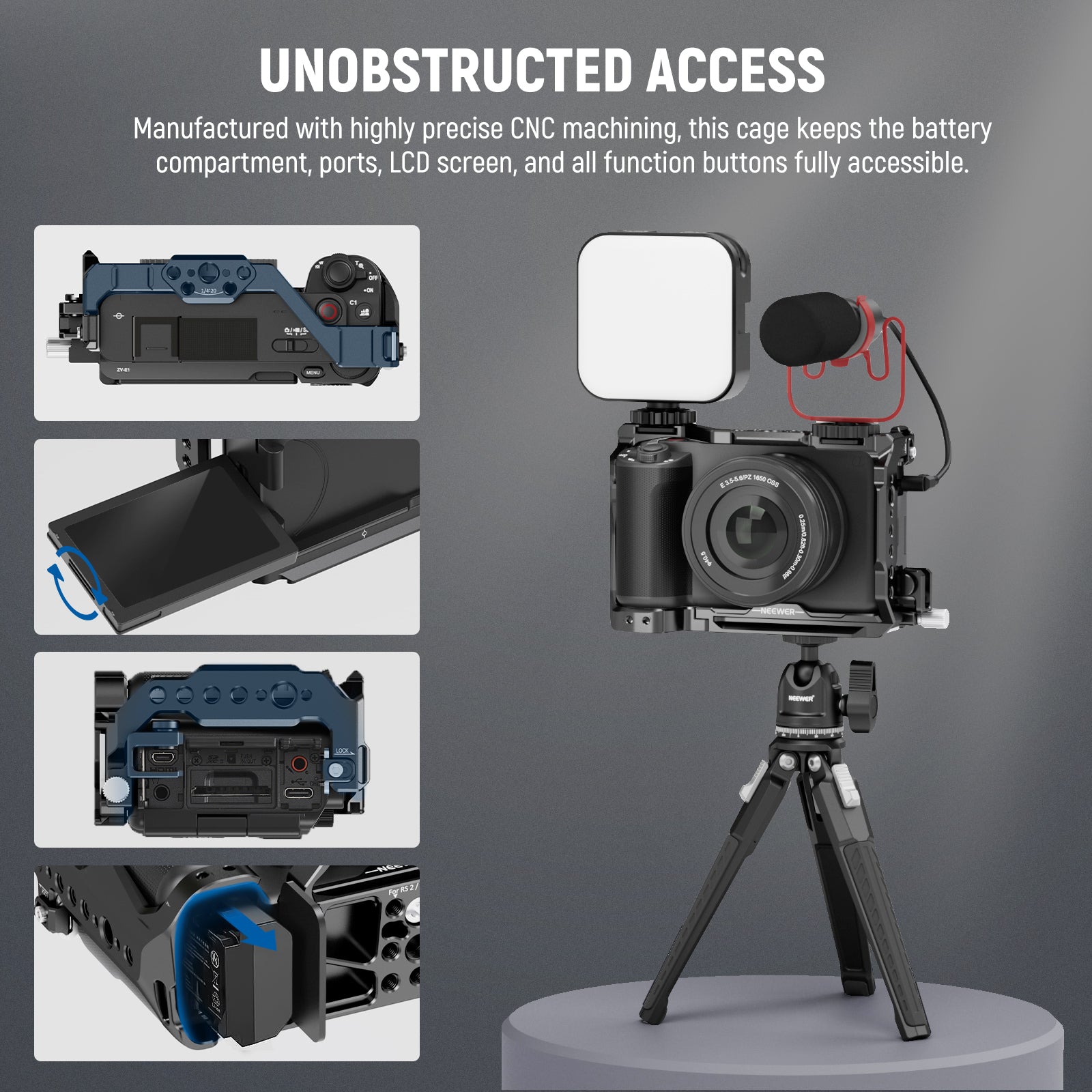 NEEWER CA025 Metal Camera Cage for Sony ZV-E1 - Durable Protective Case for Vlogging, Filmmaking & Photography - Perfect for Travel, Outdoor Shoots & Studio Use