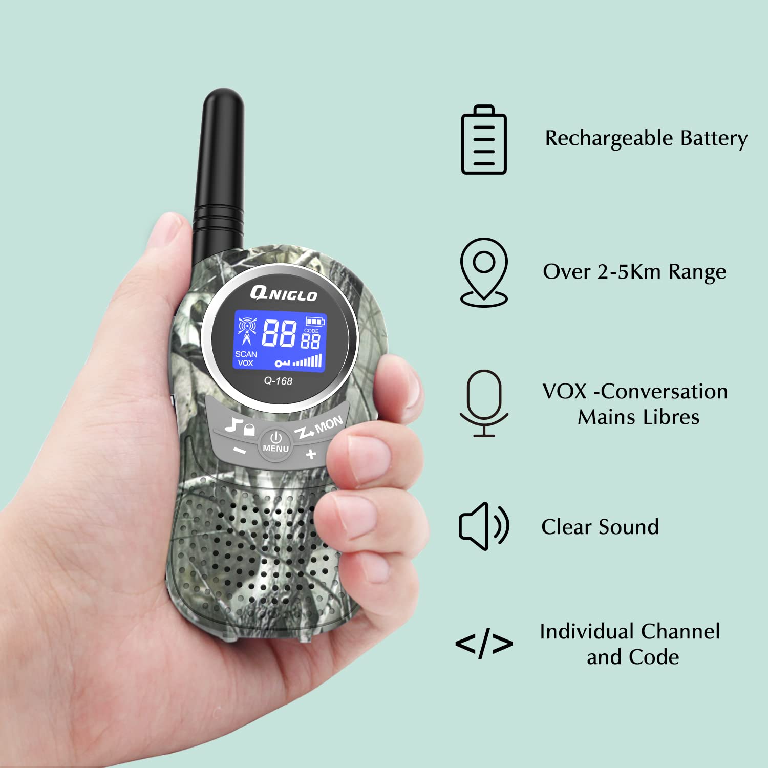 QNIGLO Rechargeable Kids Walkie Talkies - Camo Walkie Talkies for Boys & Girls Ages 3-12, Long Range Outdoor Adventure Toys for Camping, Hiking, Spy Games & Police Role Play | Perfect Birthday Gift for Kids