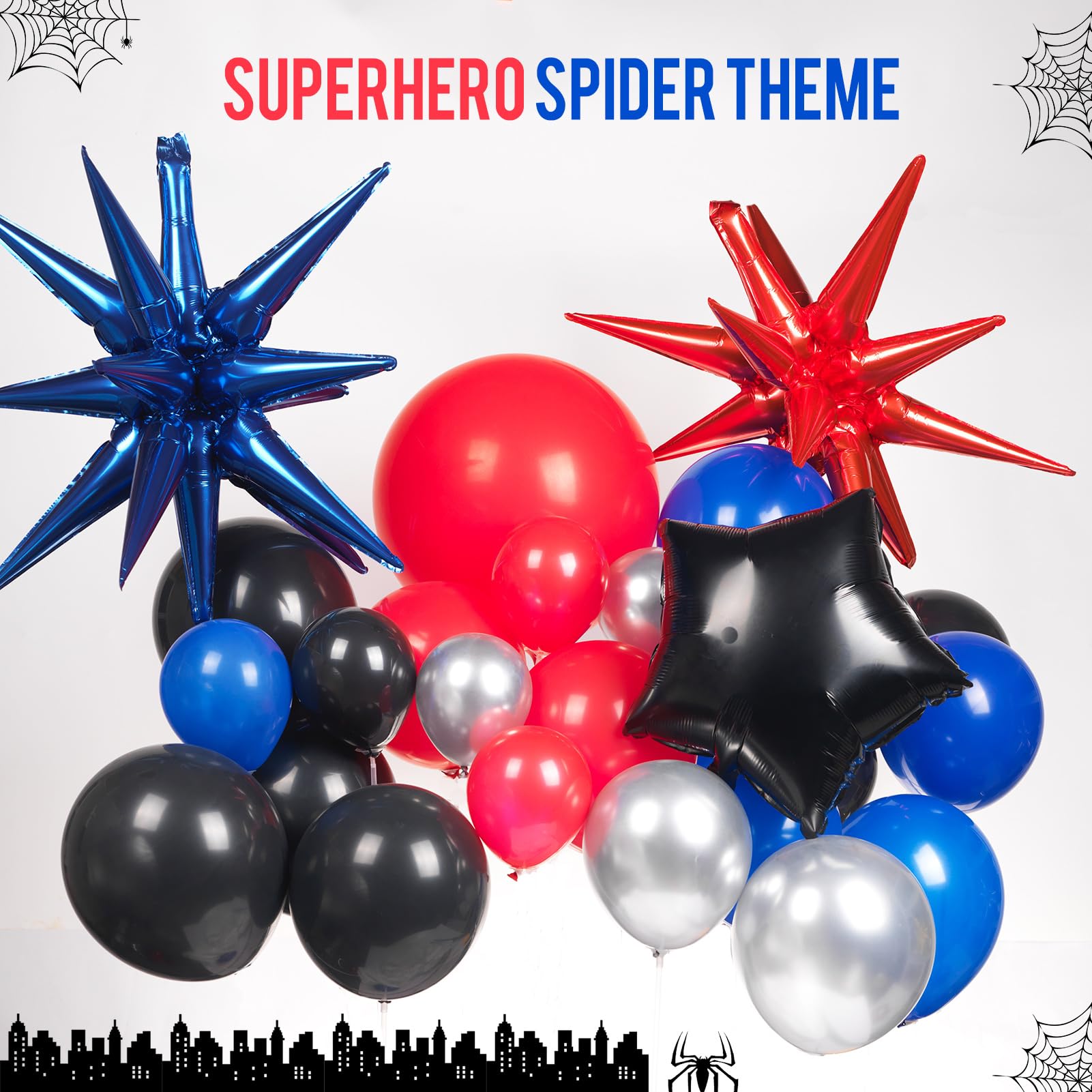 130PCS Blue Red Black Balloons Garland Arch Kit with Large Starburst Mylar Balloons - Spider Theme Birthday Party Decorations for Kids, Superhero Inspired Party Supplies | Perfect for Superhero Themed Birthday Parties, Baby Showers & Halloween Decor