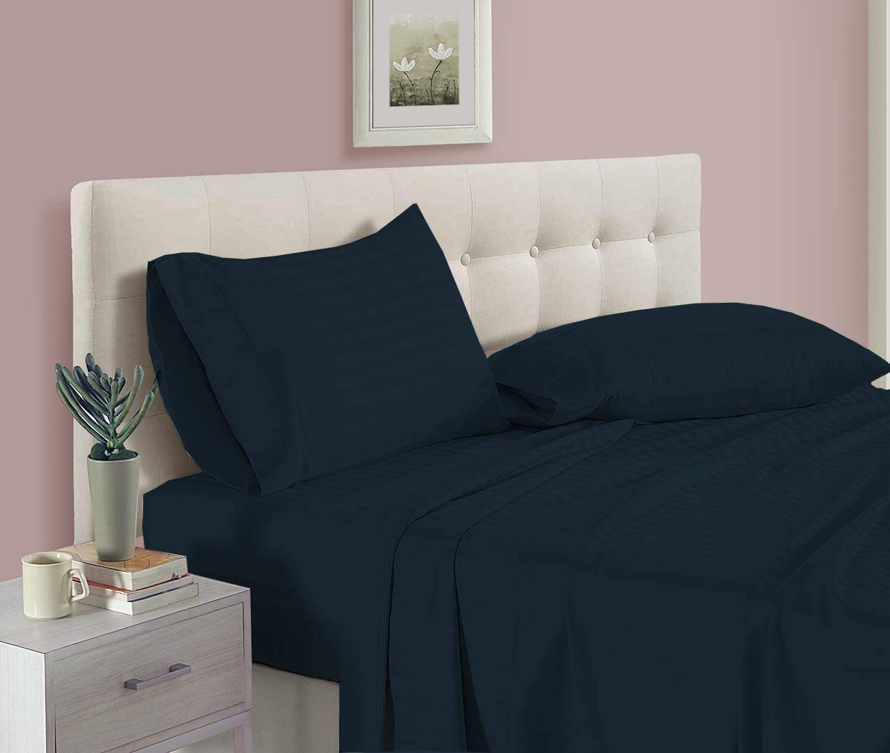Premium 4-Piece Twin XL Bed Sheet Set - 600 Thread Count 100% Long Staple Cotton - Breathable & Soft Navy Blue Stripe Sheets - Fits Mattress Up to 15