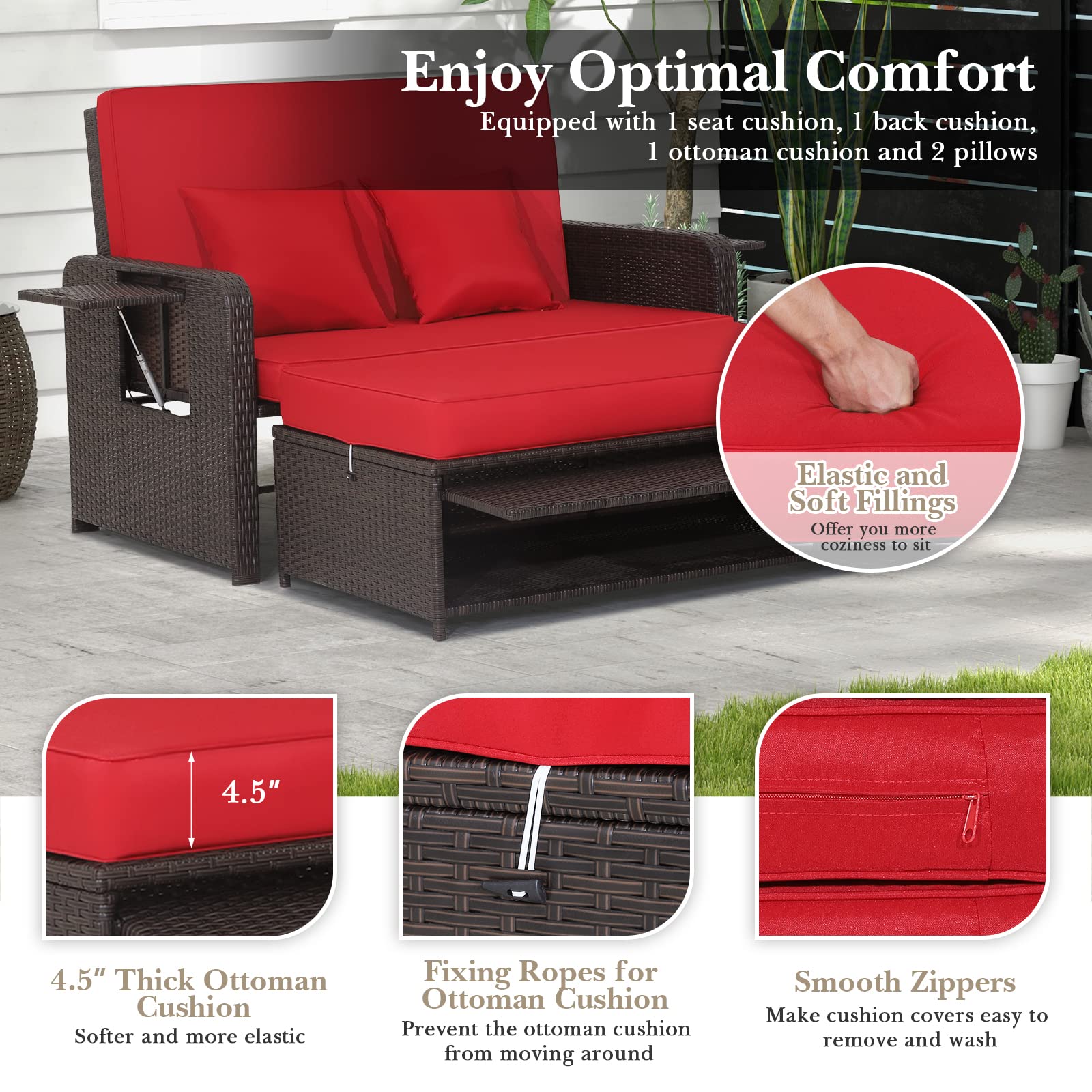 Tangkula Patio Rattan Daybed with Adjustable Backrest - Outdoor Wicker Loveseat Sofa Set with Ottoman, Side Tray & Storage - Perfect for Poolside, Garden or Patio Relaxation