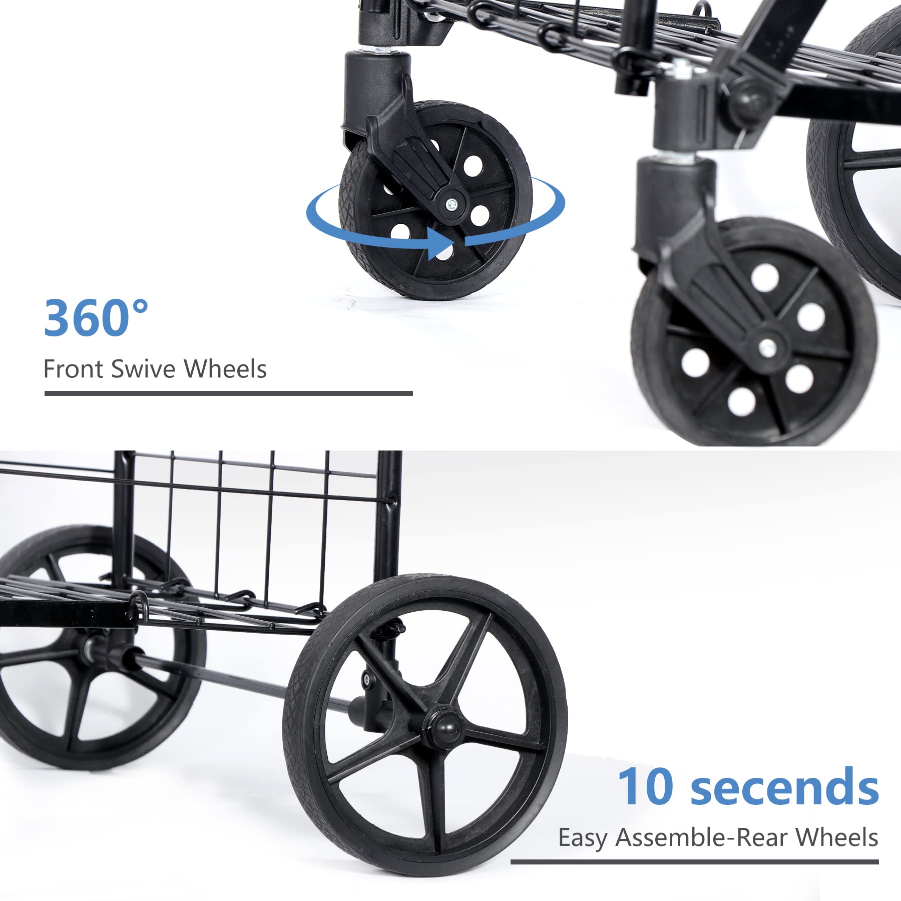 Foldable Shopping Cart with Wheels - Double Basket Grocery Cart for Laundry, Books, Luggage & Travel - Heavy Duty & Portable - Ideal for Grocery Shopping, College Dorms, Beach Trips & Airport Use (Black)