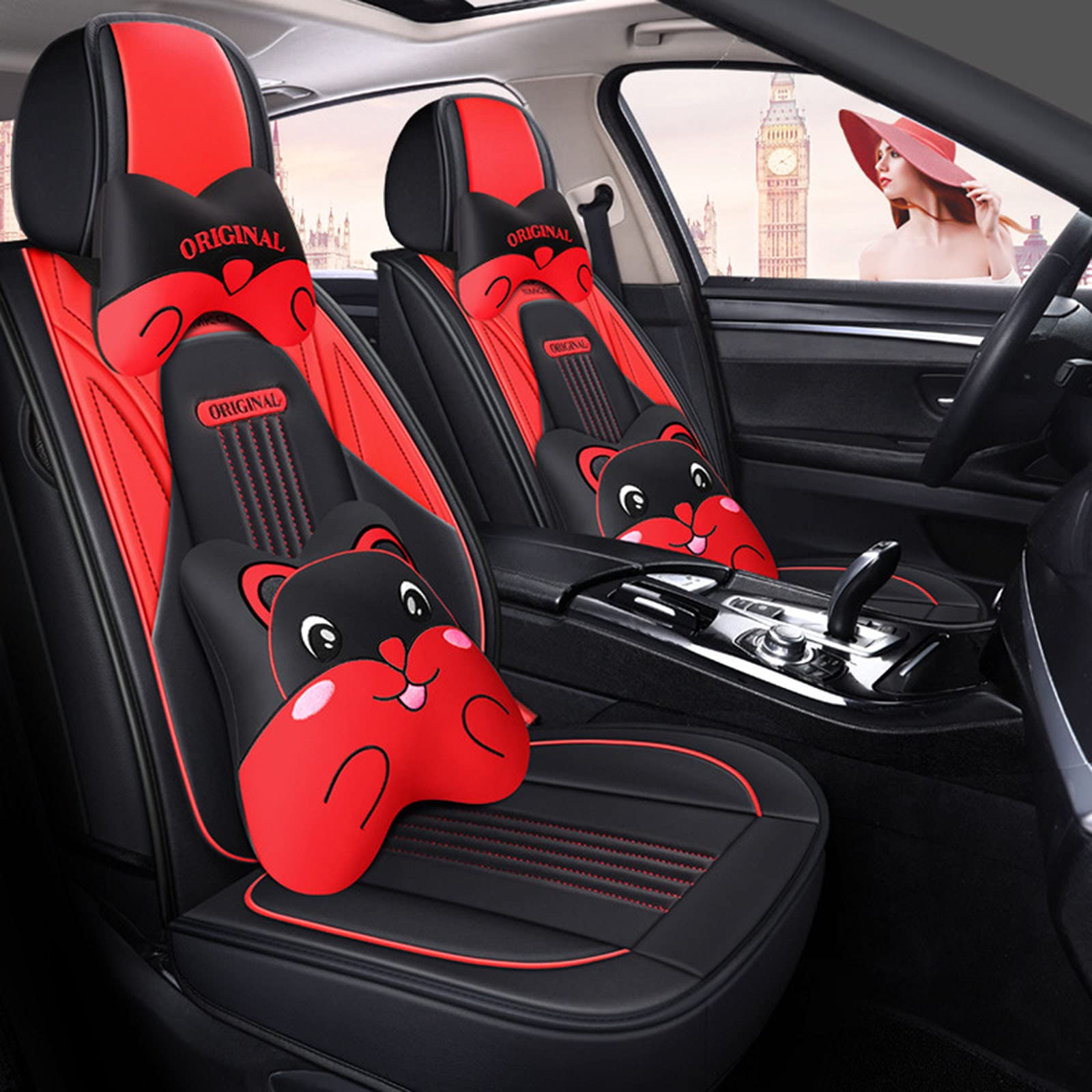 Universal Car Seat Covers Full Set (5-Piece) - Premium Leather, Airbag Compatible & Waterproof - Front & Back Seat Protectors for All Seasons - Red | Perfect for SUVs, Sedans & Trucks - Enhances Comfort & Protects Seats from Spills, Pets & Wear