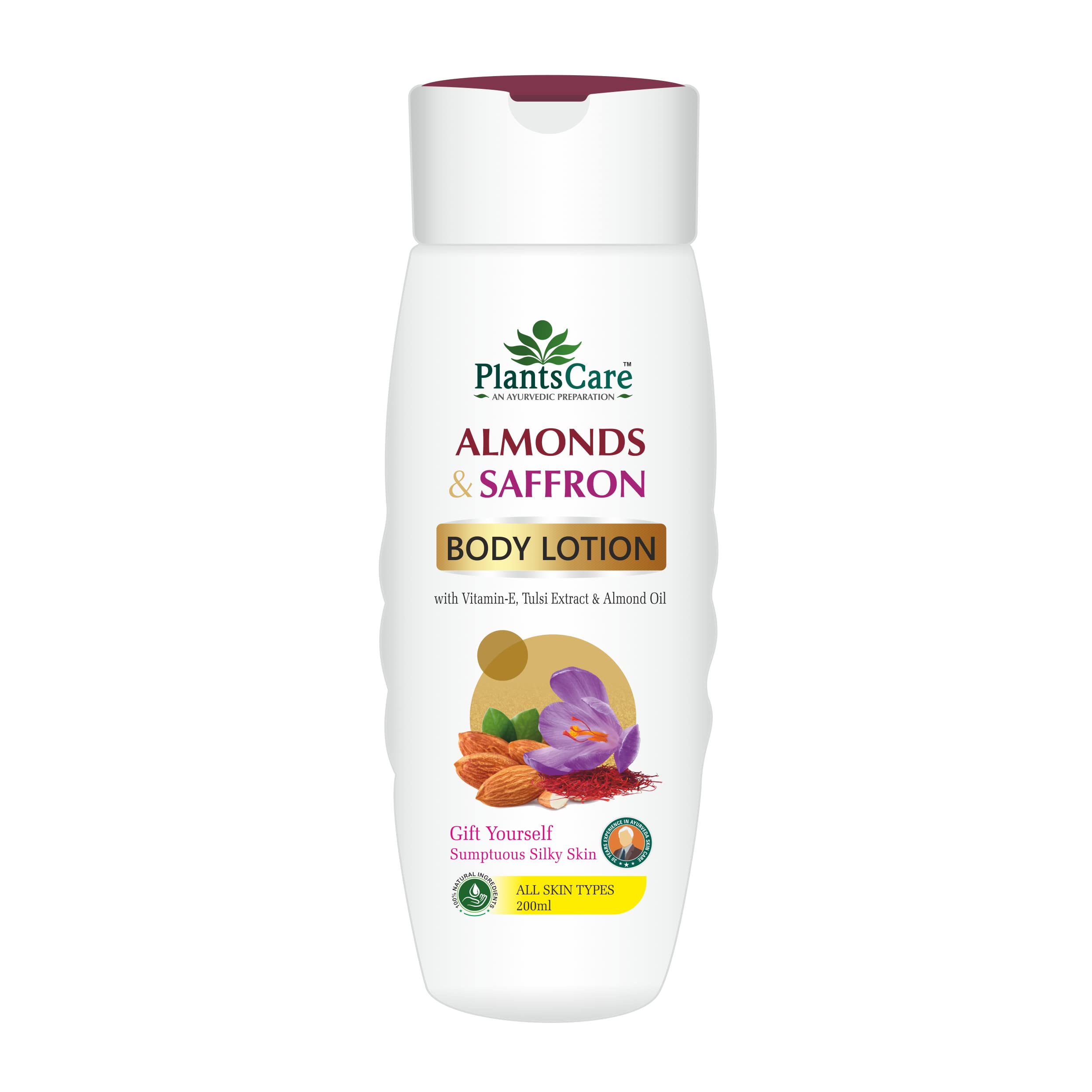 Almond & Saffron Body Lotion with Vitamin E, Tulsi Extract & Almond Oil - 200ml Moisturizing Cream for Dry Skin - Perfect for Daily Hydration & Spa-Like Self Care