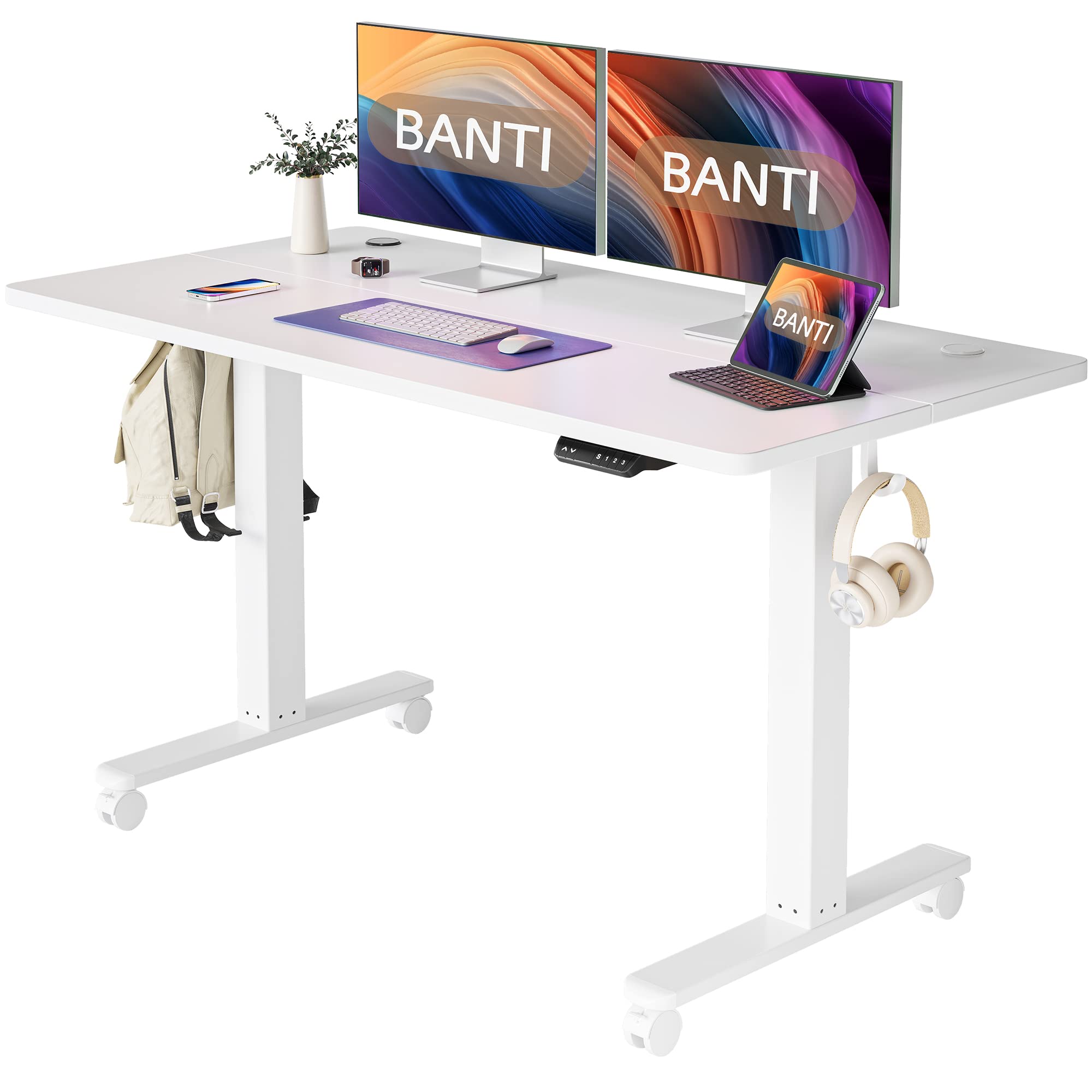 BANTI 40x24 Inches Electric Height Adjustable Standing Desk - White Sit Stand Home Office Desk with Splice Board | Perfect for Remote Work, Gaming & Study (Ergonomic Workspace Solution)