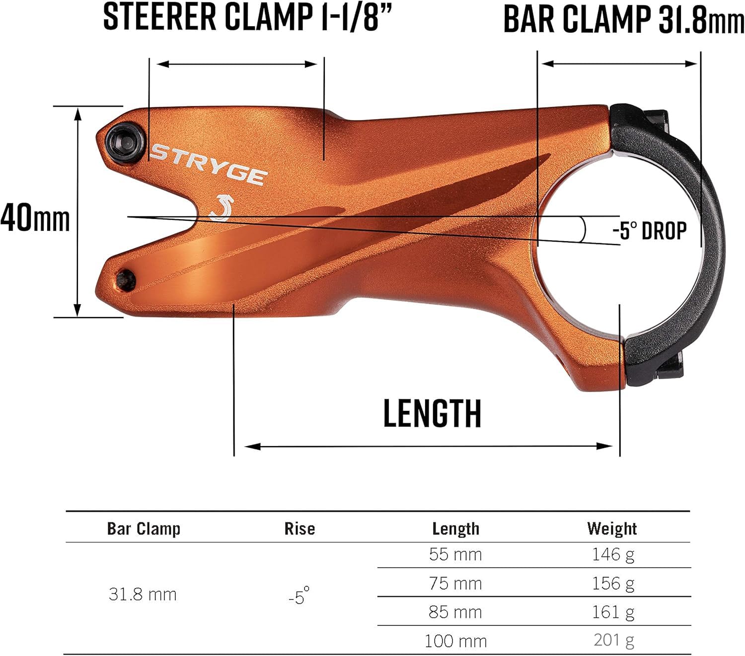 -5 Degree Funn Stryge Bike Drop Stem - 31.8mm Handlebar Clamp for Mountain, BMX, Road & Gravel Bikes | Lightweight Aluminum Alloy MTB Stem for Better Control & Performance on Trails, Commuting & Racing
