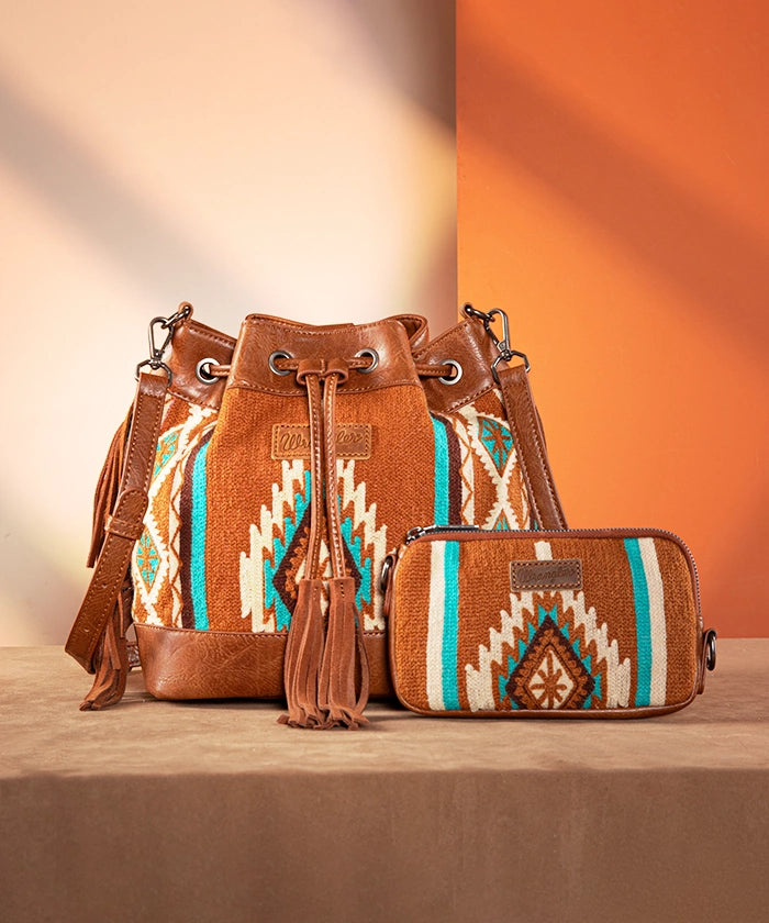 Wrangler Aztec Knitted Bucket Bag Set for Women - Boho Chic Crossbody Purse with Adjustable Strap - Perfect for Travel, Shopping & Everyday Use