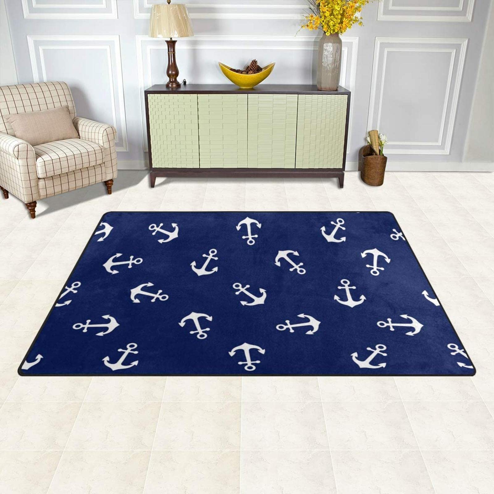 Blue Nautical Anchor Washable Area Rug - Non-Slip Soft Carpet for Kids Bedroom, Living Room, Dining Room & Study - 6.6ft x 5.3ft - Perfect for Coastal Decor, Boys/Girls Room & Home Office