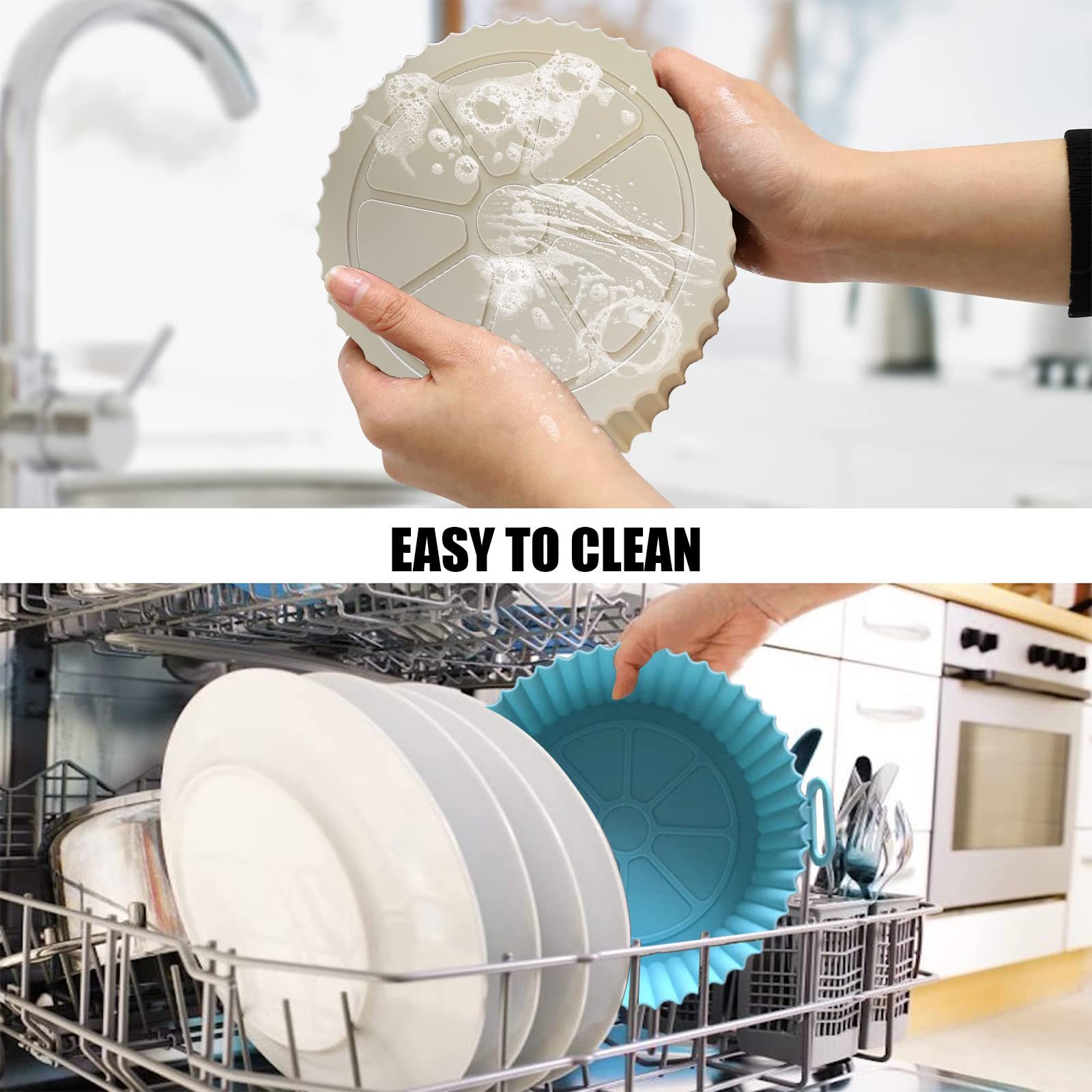 Non-Stick Air Fryer Silicone Liners 2 Pack - Reusable 7.8 Inch Silicone Basket Liners for Ninja, COSORI, Tower & 3.6-6.8QT Air Fryers (Blue + Gray) - Perfect for Healthy Cooking, French Fries, Chicken Wings & Vegetables