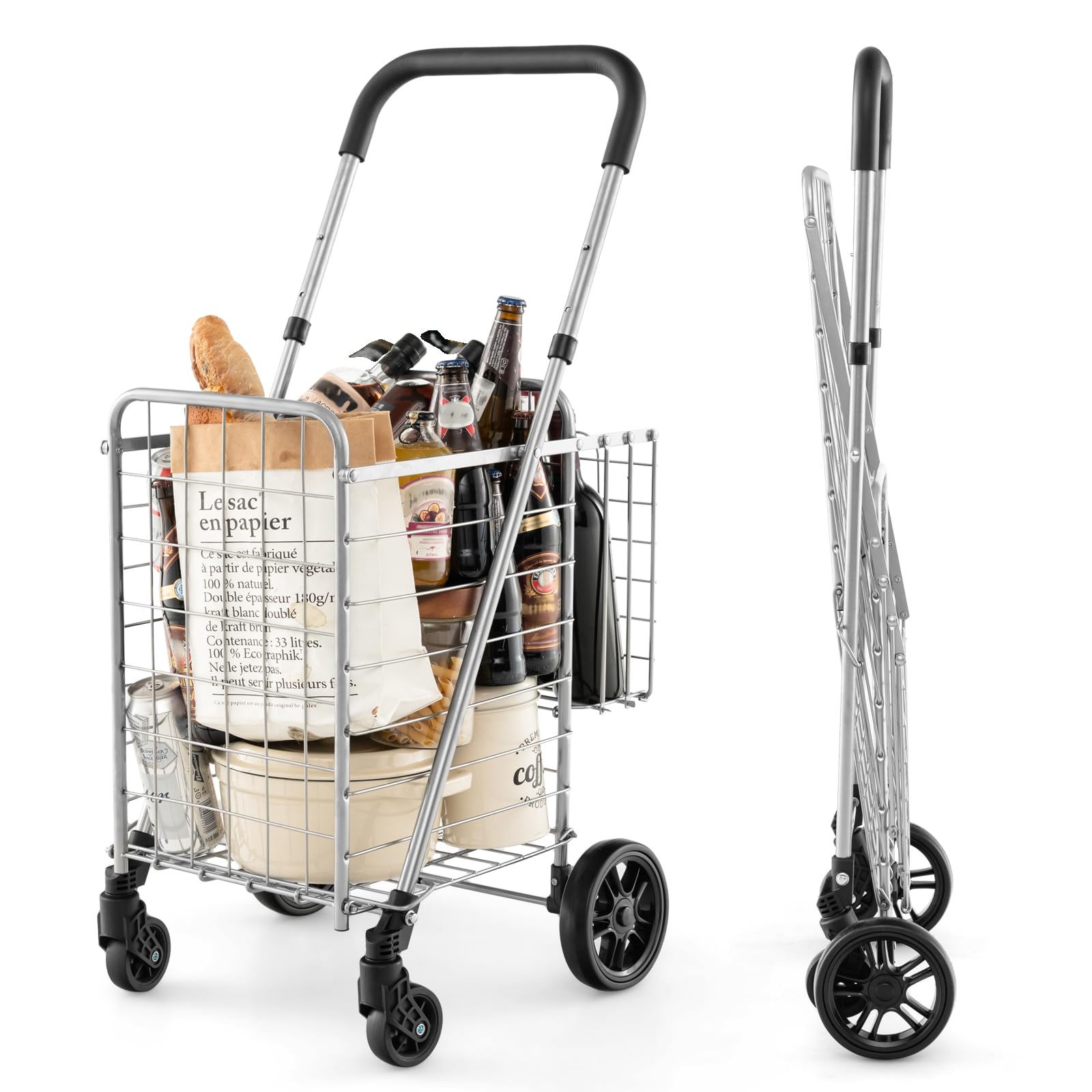 Goplus Folding Shopping Utility Cart with Double Basket - 360° Swivel Wheels & Adjustable Handle - Compact Grocery Laundry Book Luggage Cart for Home, Office, Travel and Outdoor Use