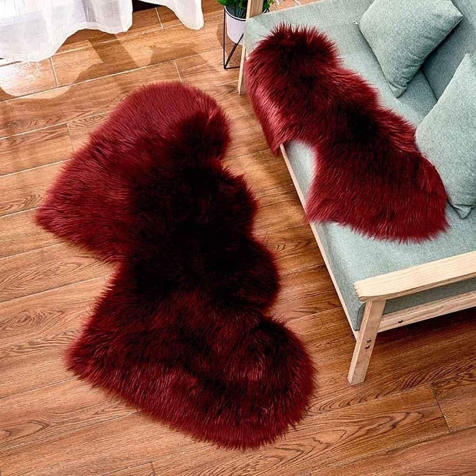 Modern 2'x4' Anti-Skid Double Heart Faux Fur Area Rug - Soft Fluffy Shaggy Plush Carpet for Kids Bedroom, Nursery & Playroom - Non-Slip Fuzzy Floor Mat (Wine Red, 35x70cm/14