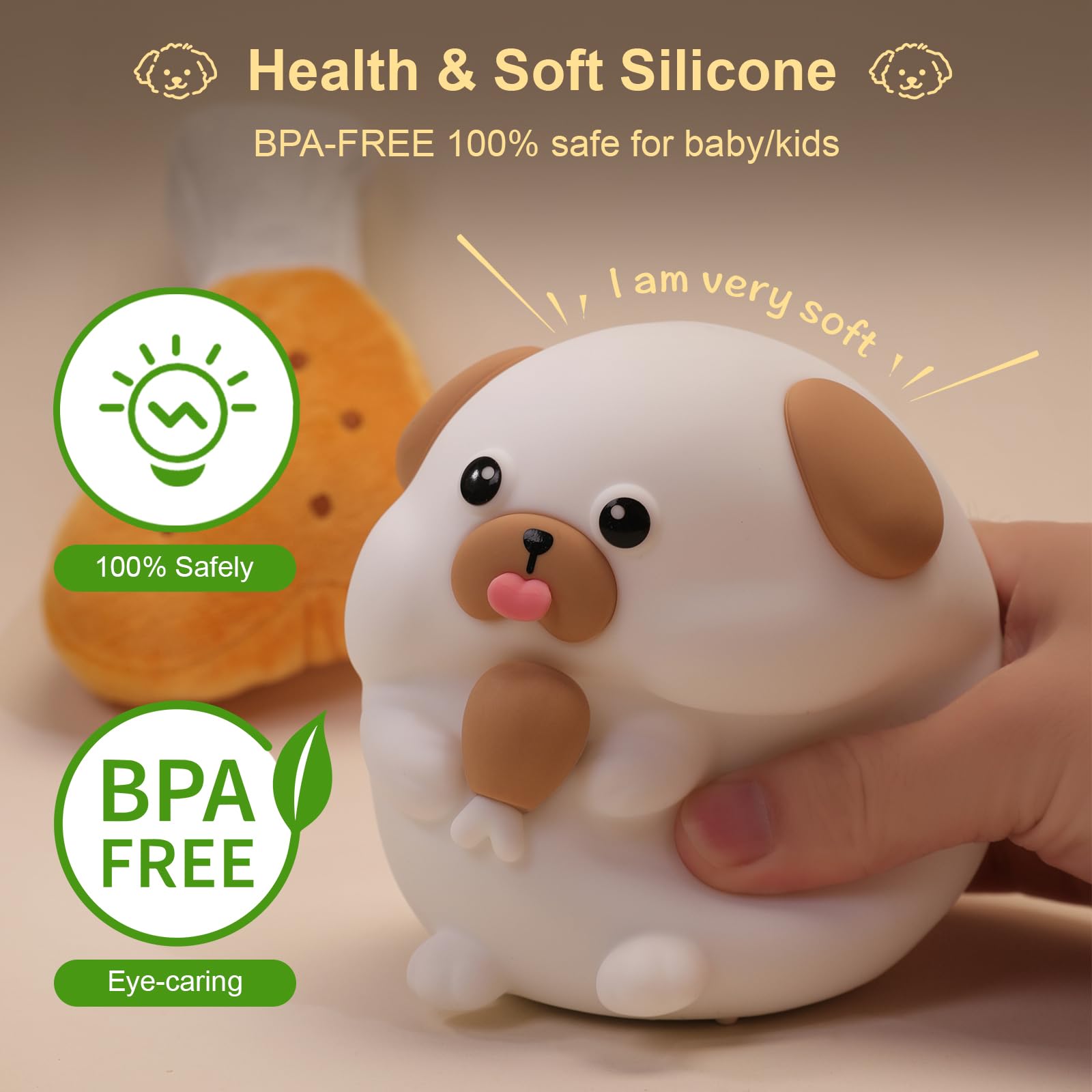 Greedy Dog Night Light for Kids - 3-Level Dimmable, Touch Color Changing Silicone Nightlight | Rechargeable Bedside Lamp for Nursery, Children, Pregnant Women & Elderly | Perfect for Bedrooms, Baby Rooms & Nighttime Feedings