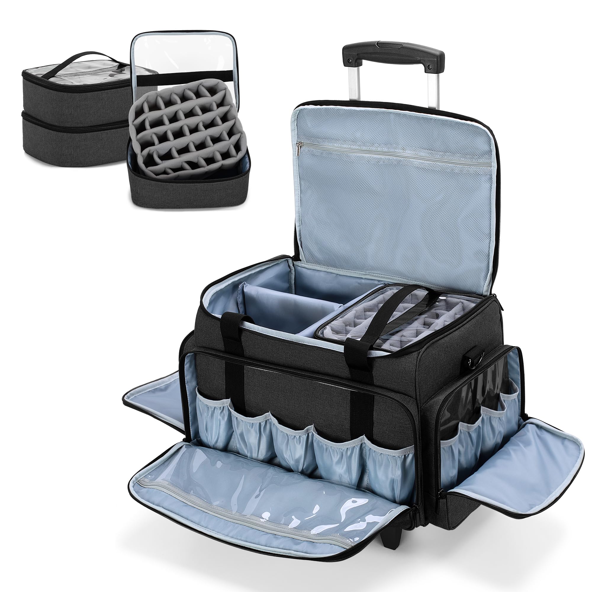 LUXJA Rolling Nail Polish Organizer - Holds 90 Bottles & Nail Lamp, Portable Nail Art Storage Case with Detachable Wheels & 3 Removable Trays (Patented) - Perfect for Salon Professionals & Home Nail Artists - Black