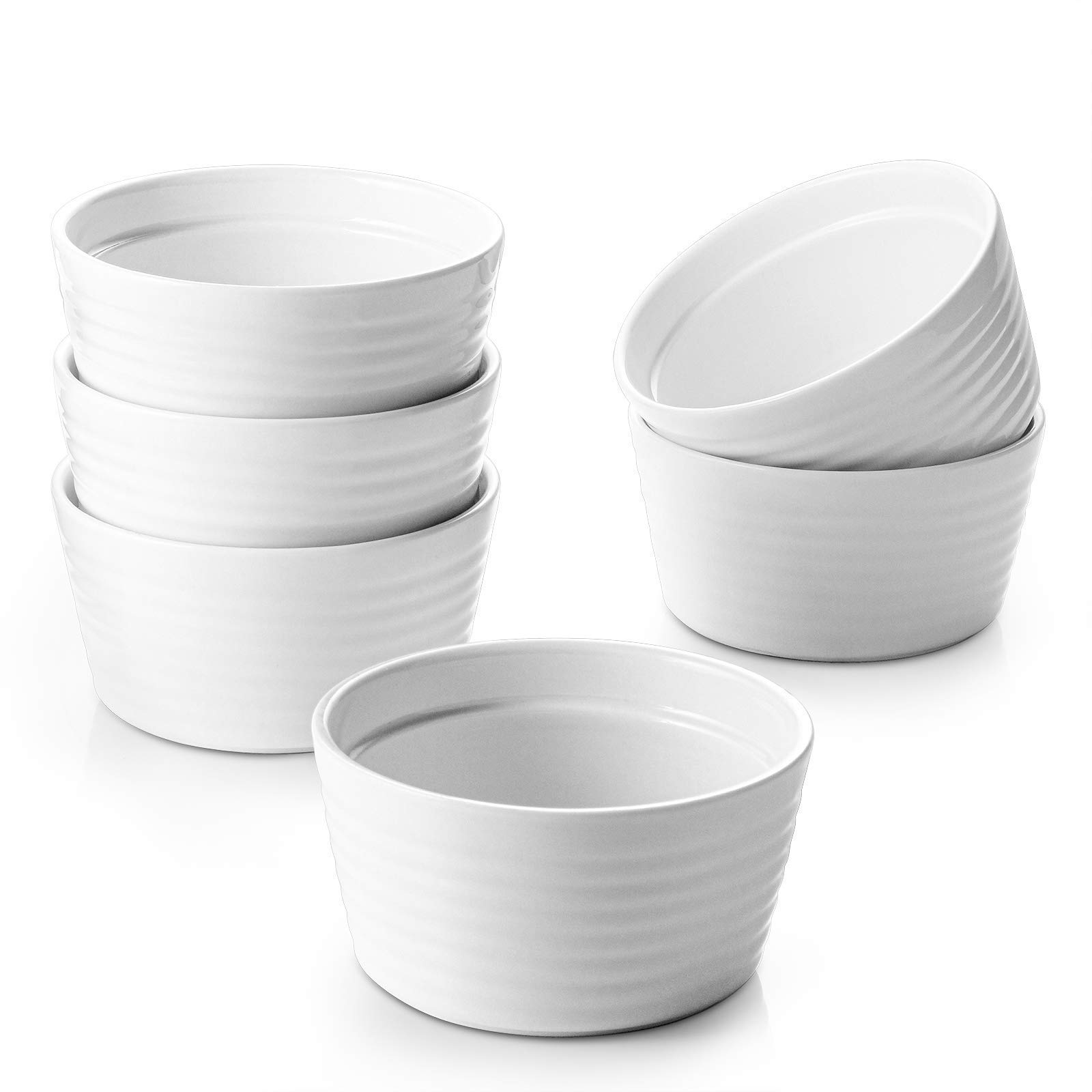 DOWAN 8 oz Porcelain Ramekins Set of 6 - Oven & Broiler Safe Souffle Dishes for Baking, Creme Brulee, Pudding, Desserts - Stackable White Ramekins Perfect for Salsas, Snacks & Dipping Sauces - Ideal for Home Kitchen, Restaurants & Party Serving