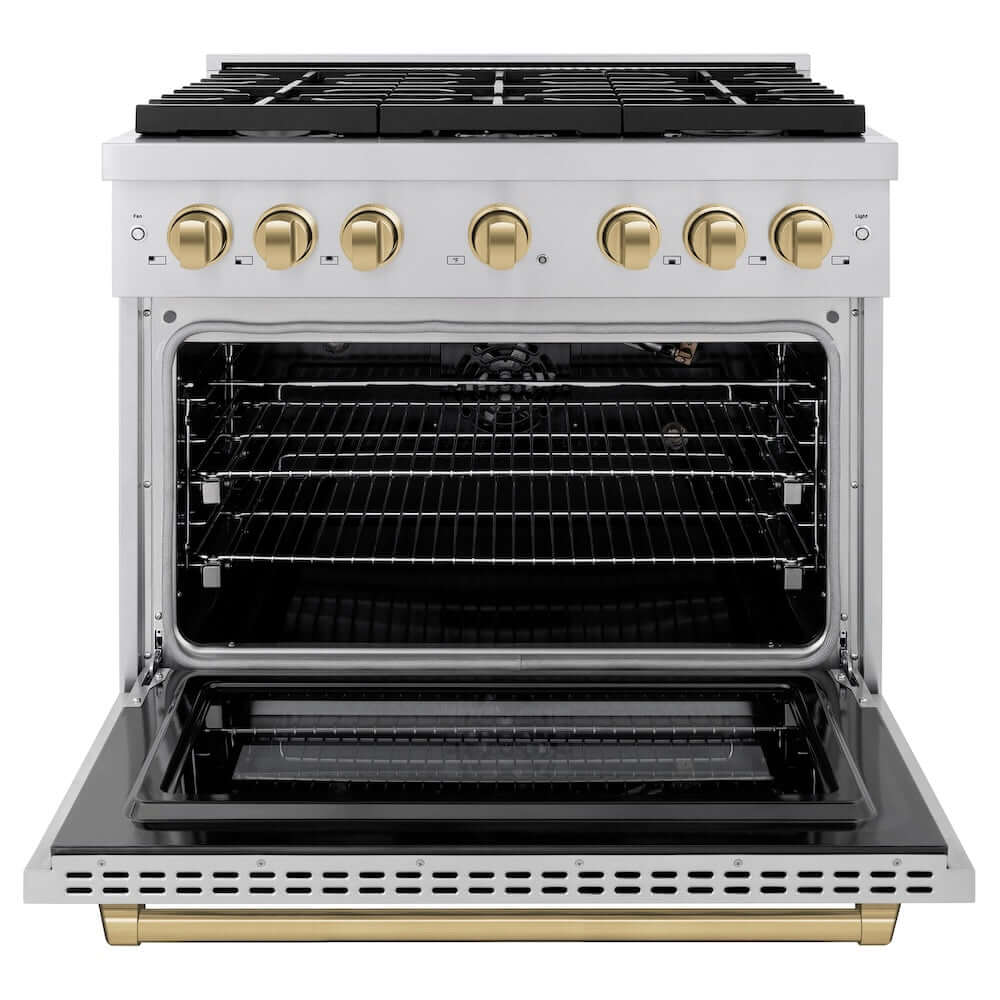 ZLINE Autograph Edition 36 Inch 5.2 cu ft Stainless Steel Gas Range with 6 Burner Cooktop & Convection Oven - Champagne Bronze Accents (SGRZ 36 CB) - Perfect for Professional Home Chefs and Modern Kitchen Upgrades