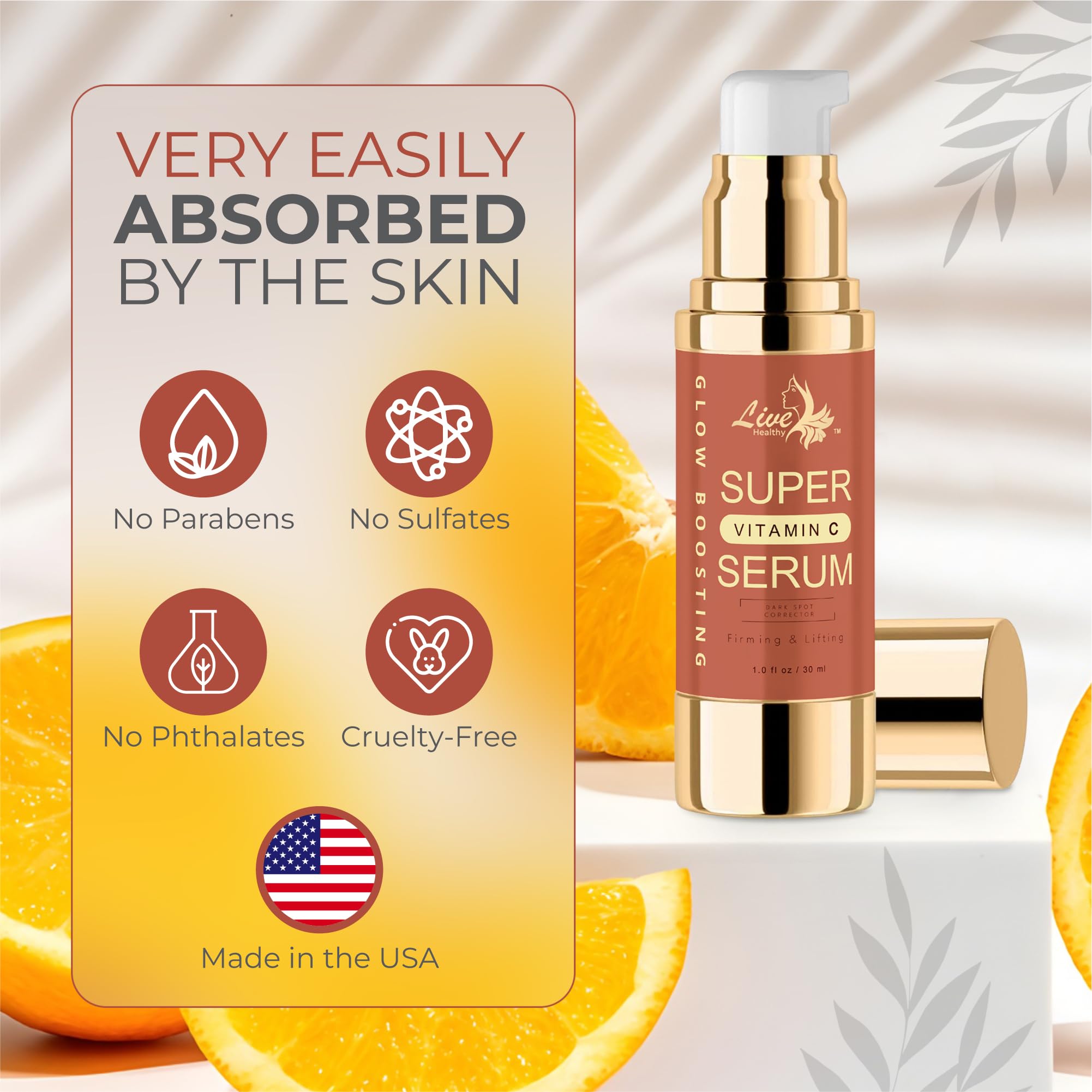 Live Healthy Super Vitamin C Serum for Mature Skin - Anti-Aging Serum with Vitamin C, Peptides & Vitamin E - Reduces Wrinkles & Age Spots, Lifts & Firms Skin - Made in USA (1 fl oz) | Perfect for Nighttime Skincare Routine & Daily Anti-Wrinkle Treatment