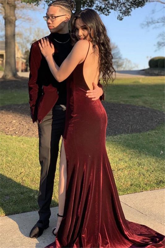 Elegant Mermaid Burgundy Velvet V-Neck Long Prom Dress with Backless Design - Perfect for Evening Gala, Homecoming, Wedding Guest & Formal Events (Style J2577)