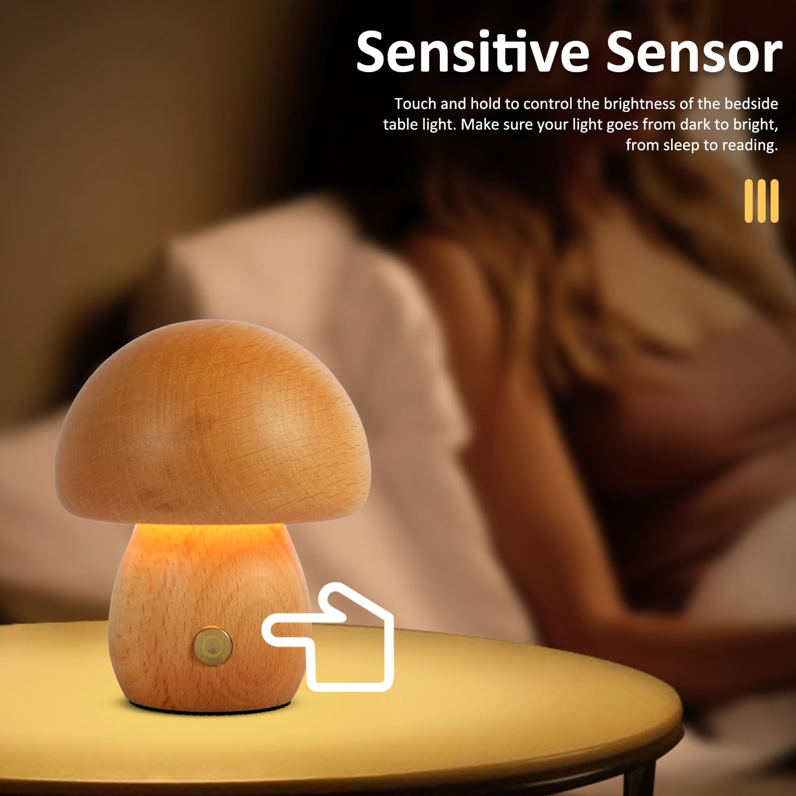 USB Rechargeable Mushroom Night Light - Dimmable LED Touch Lamp with 600mAh Battery, Wooden Table Lamp for Bedroom, Living Room, Nursery | Eye Protection Ambient Lighting for Kids & Adults | Perfect for Bedside, Reading Corner, and Cozy Home Decor