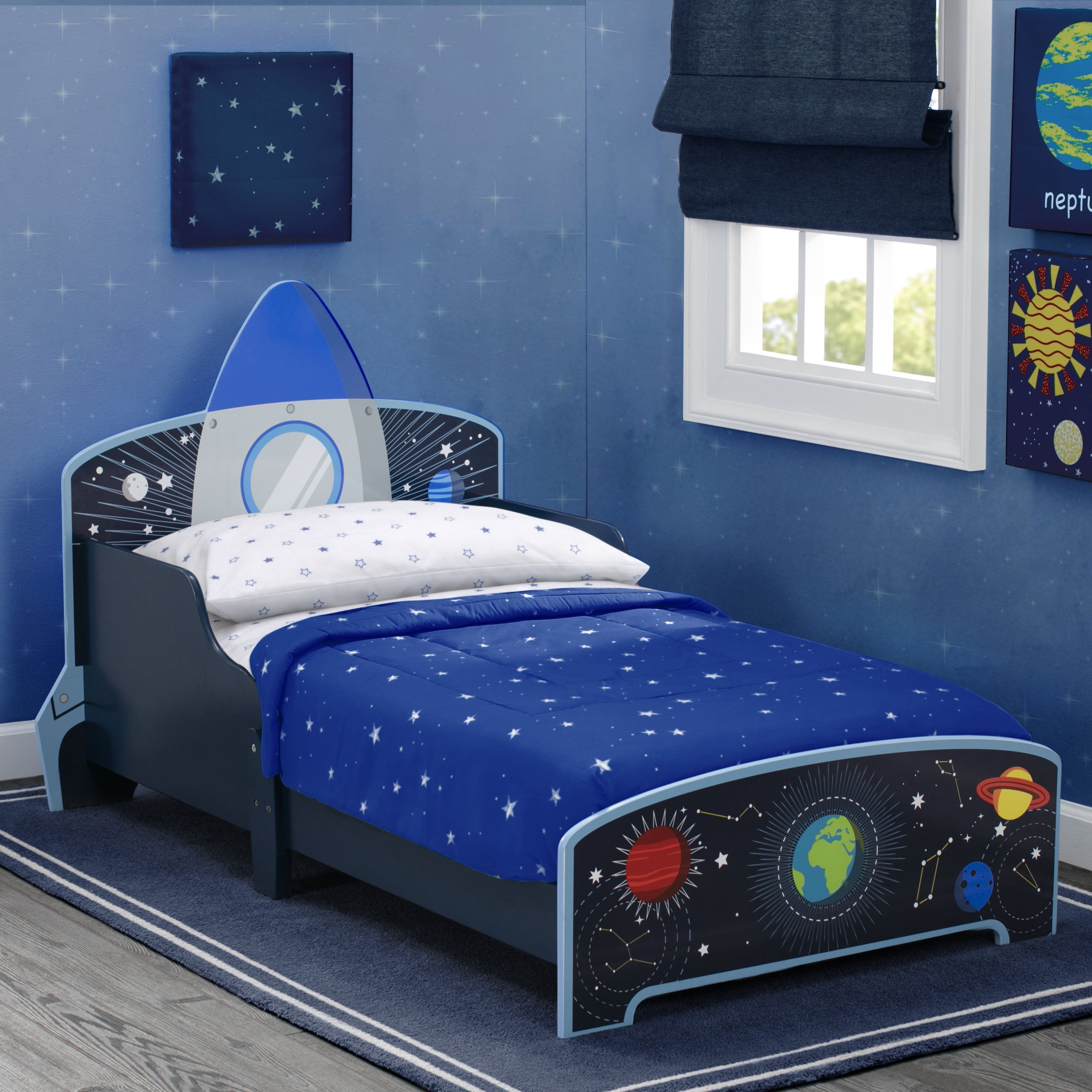 Space Adventures Rocket Ship Wood Toddler Bed - Kids Astronaut Themed Bedroom Furniture for Boys & Girls - Perfect for Nursery, Playroom or Bedroom Decor