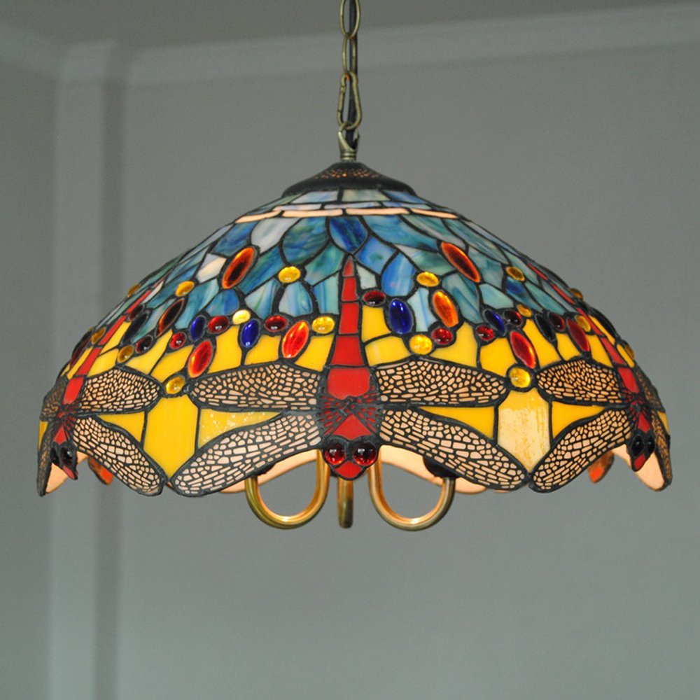 Tiffany Glass Dragonfly Chandelier - Elegant Ceiling Pendant Light for Dining Room, Kitchen, Living Room & Bedroom | Perfect for Home Decor, Restaurants & Cafe Lighting
