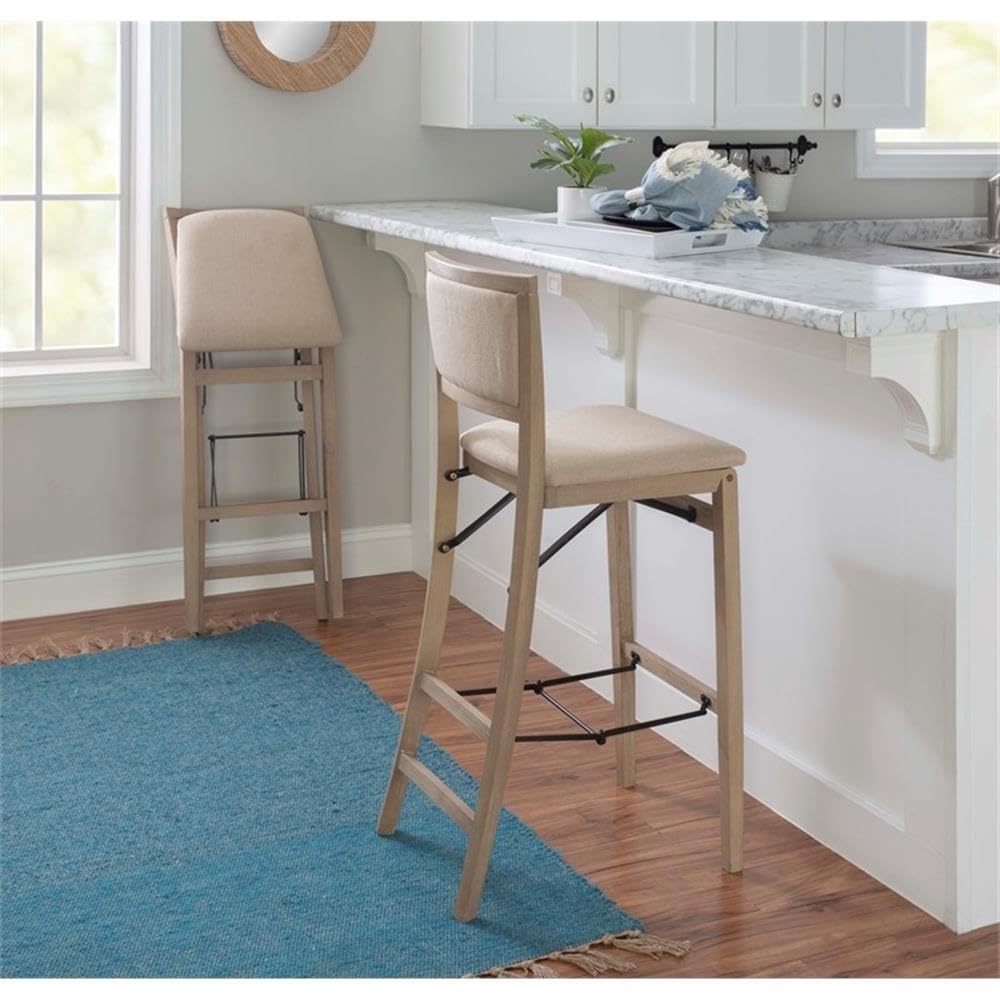 Linon Keira Graywash Wood Folding Bar Stool with Padded Fabric Seat & Back - Perfect for Kitchen Islands, Home Bars & Small Spaces