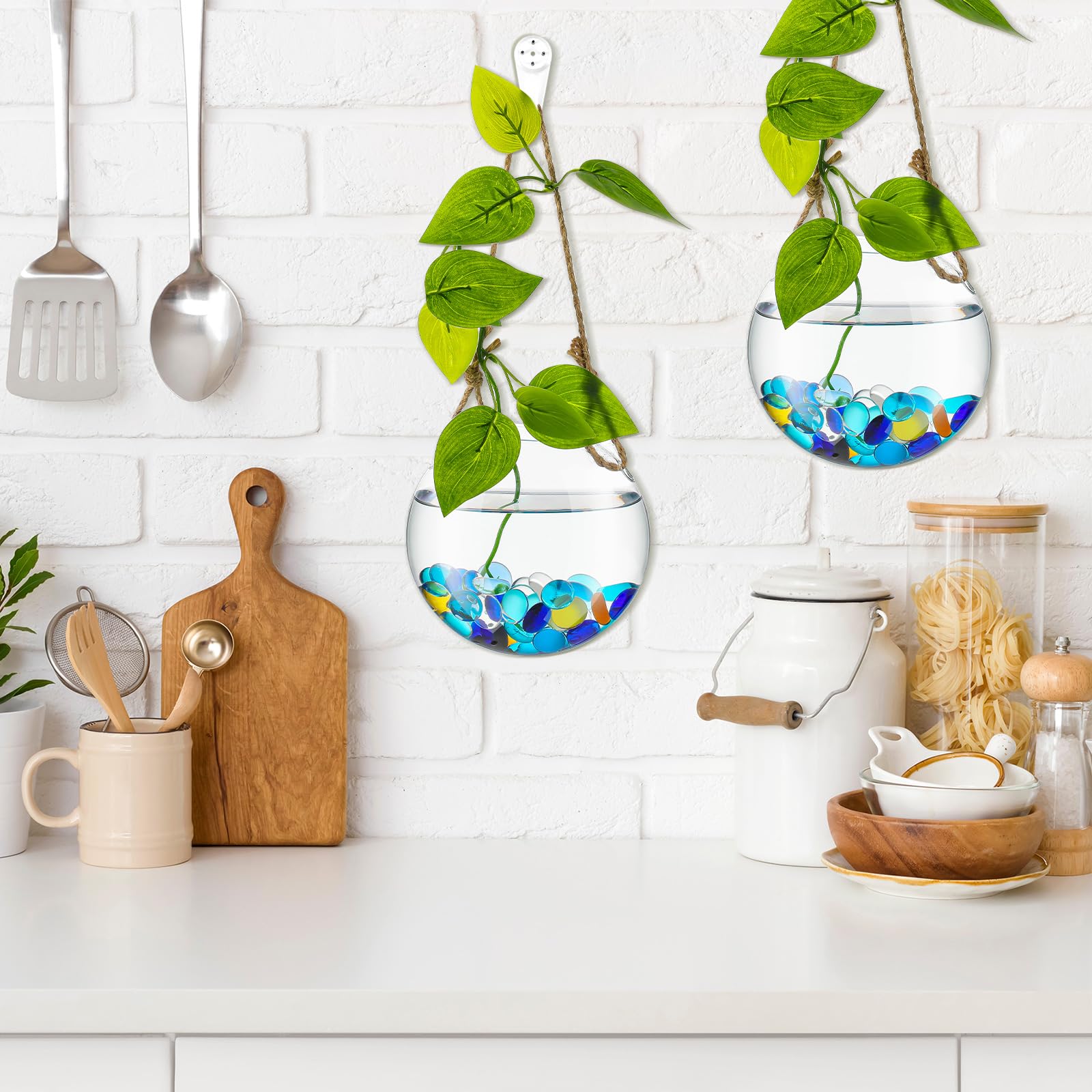 6 Pack Glass Wall Hanging Planters - Round Terrarium Vases for Air Plants, Hydroponic Propagation & Flowers | Indoor Home Decor, Office & Window Display (Waterproof Containers)