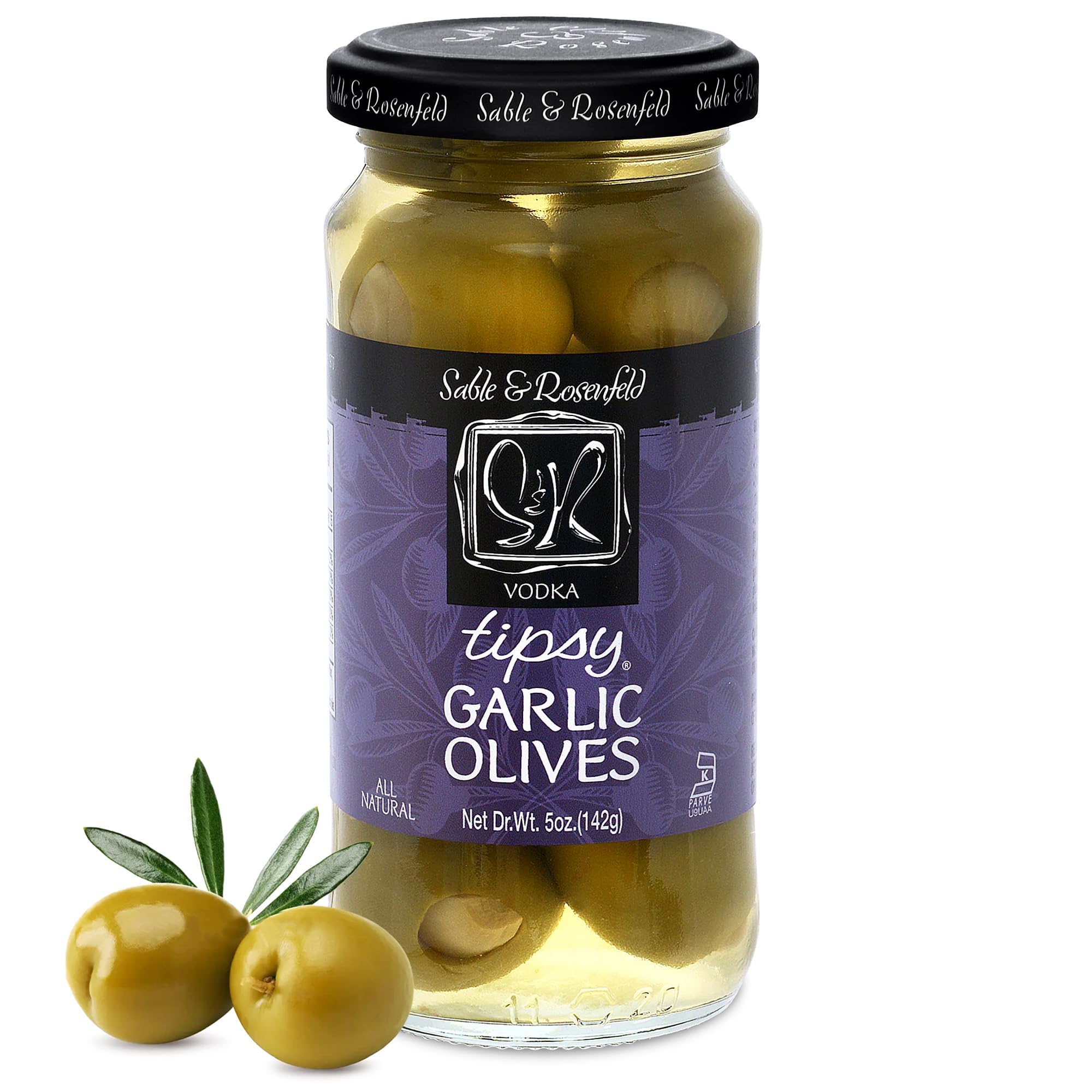 Sable & Rosenfeld Tipsy Olives - Premium Green Olives Stuffed with Garlic in Vodka - Large Cocktail Olives for Martinis, Bloody Mary Garnish, Charcuterie Boards & Olive Bars - 5 oz Pack (Pack of 1) - Perfect for Home Bars, Parties & Gourmet Gift Baskets