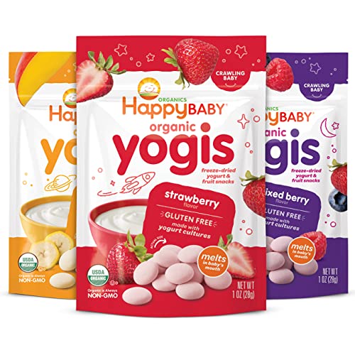 Happy Baby Organics Freeze-Dried Yogurt & Fruit Snacks - 3 Flavor Variety Pack (Strawberry, Banana, Mixed Berry) - 1oz Packs of 3 - Healthy Toddler Snacks for Daycare, Travel & On-The-Go