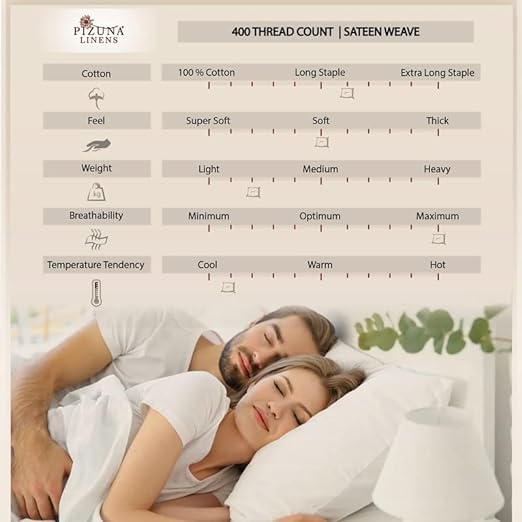 Pizuna Pure 100% Cotton Pillowcases Queen Size Set of 2 - 400 Thread Count Long Staple Sateen, Soft Breathable Pillow Covers with 4