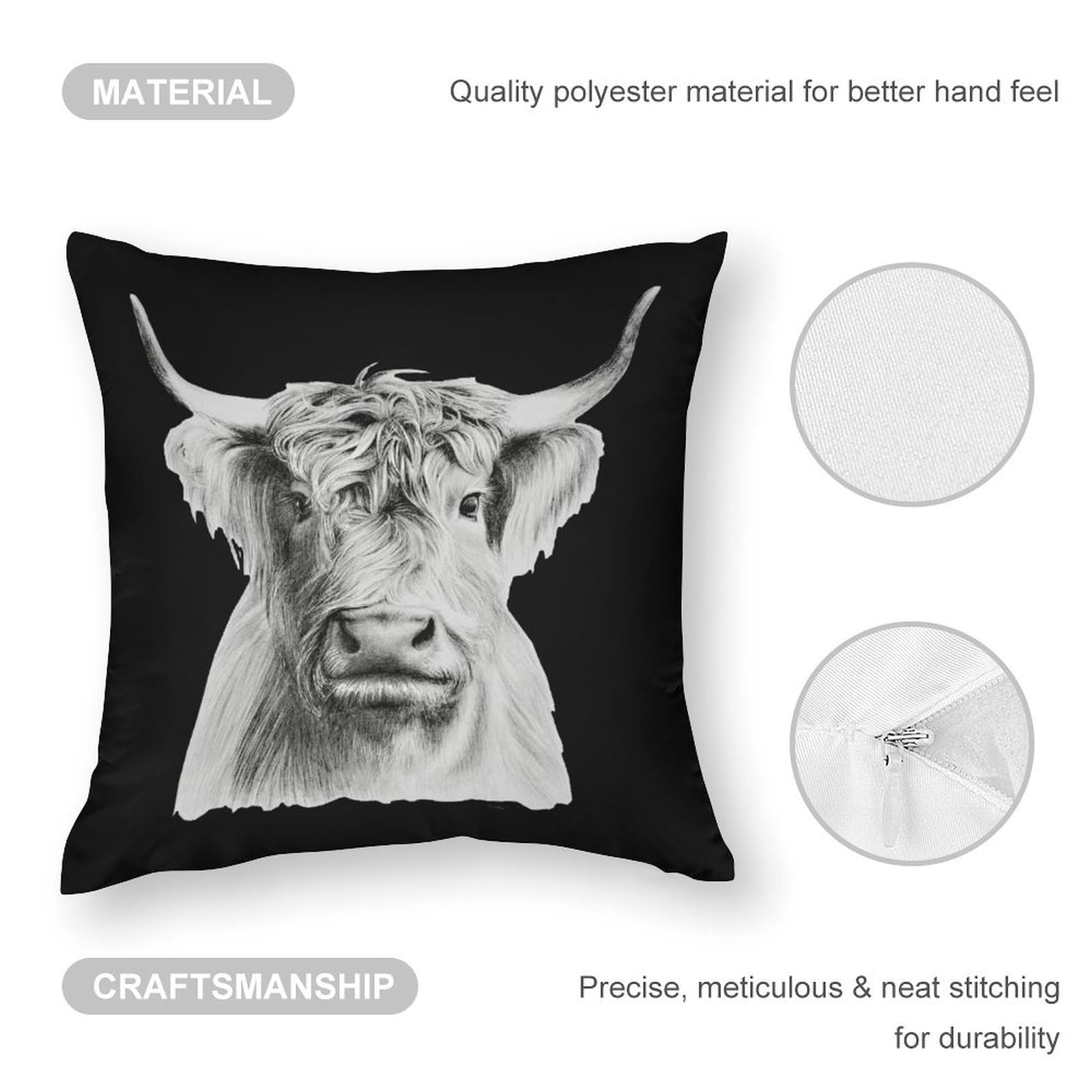 Highland Cow Pillow Cover - Soft Polyester Decorative Pillow Case 17x17 Inch, Funny Cushion Cover for Sofa, Bed, Living Room & Home Decor