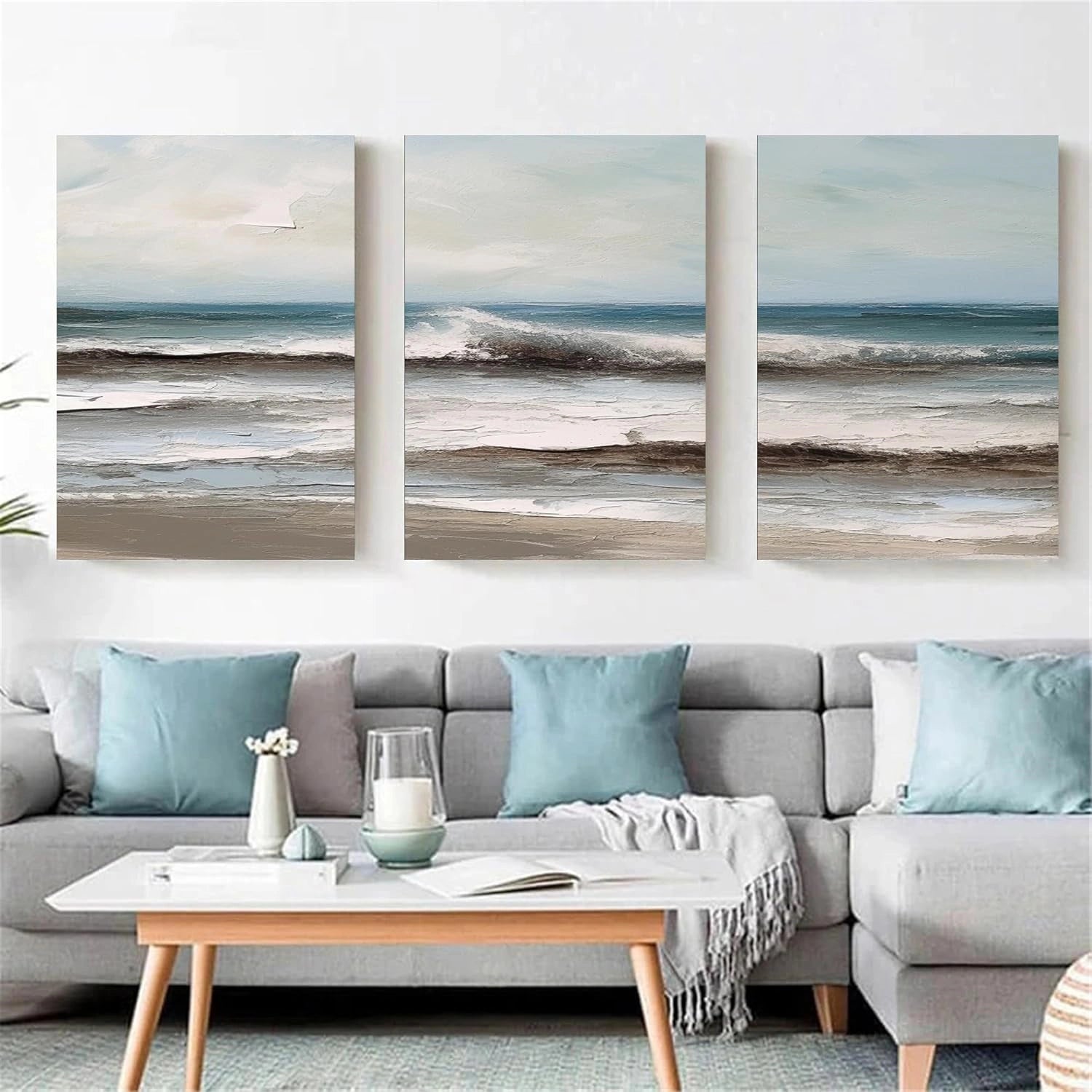 Ocean and Sky Wall Art Set of 3 - Coastal Beach Decor Paintings for Living Room, Bedroom & Office - Serene Seascape Canvas Prints (OS 258)