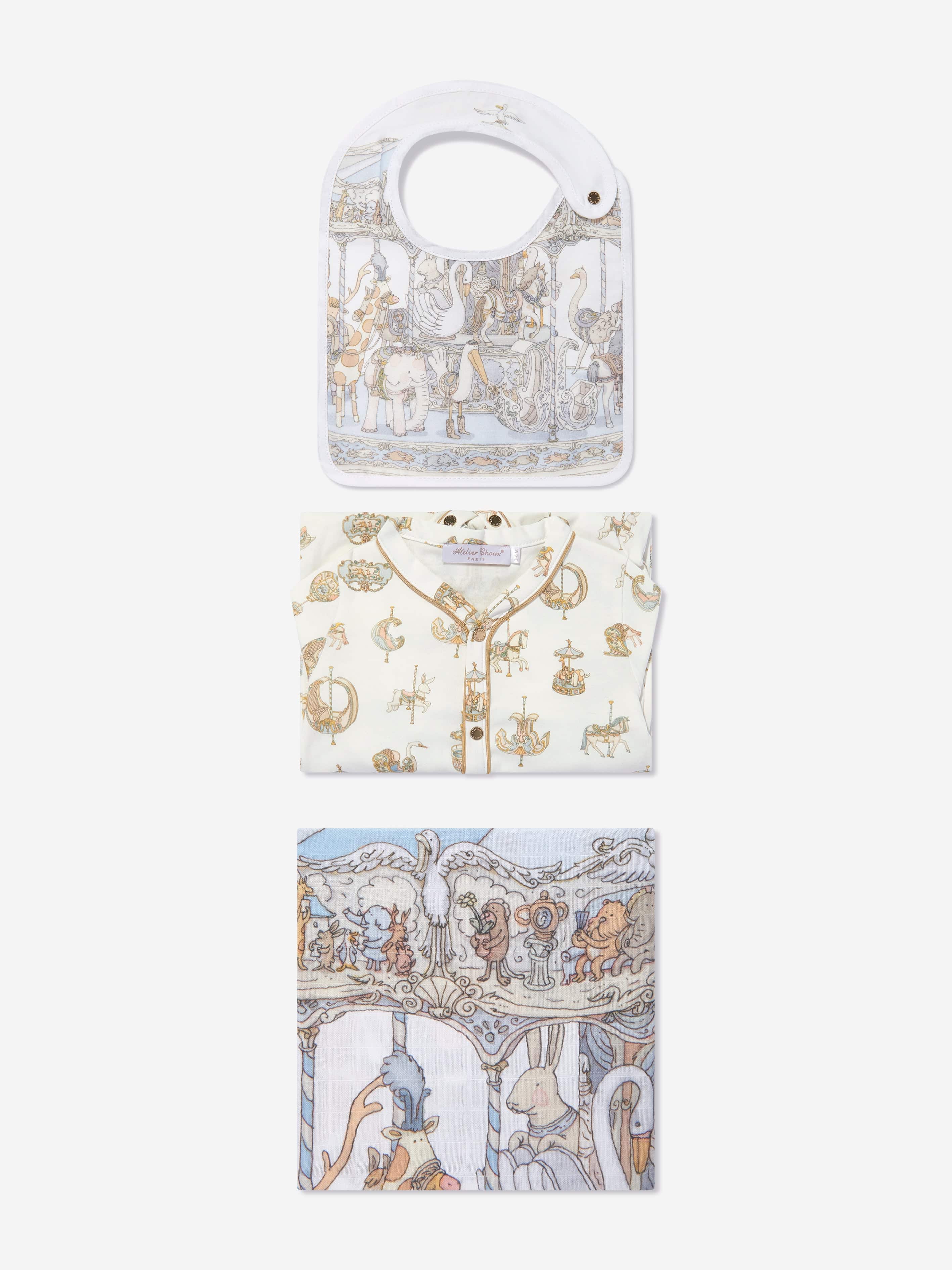 Atelier Choux Baby Boys Carousel Gift Set - Blue Cotton Swaddle Blanket & Romper | Perfect Baby Shower, Newborn Photo Shoot & Nursery Decor Gift