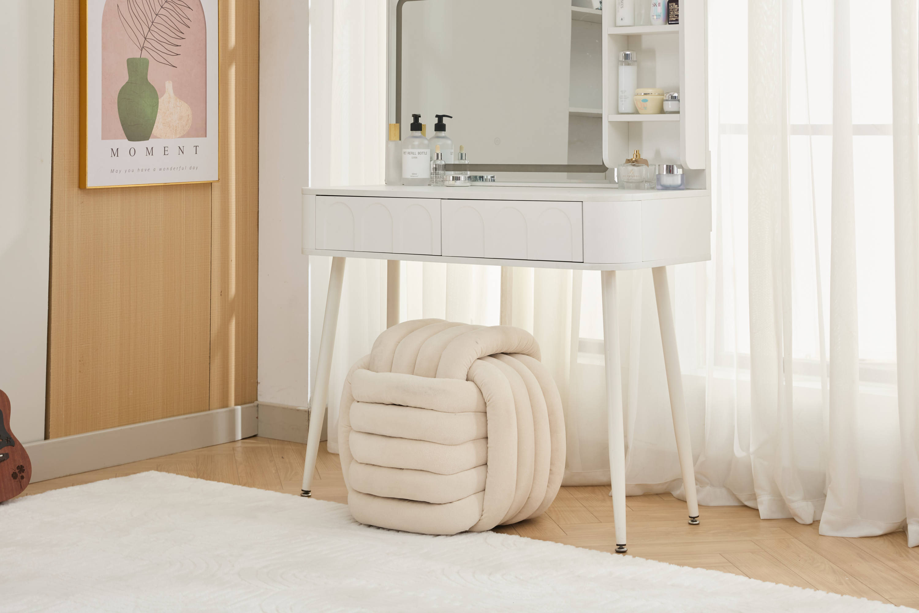 Modern Chenille Fabric Knot Design Ottoman Stool - Comfortable Footrest & Makeup Seat for Living Room, Bedroom - Beige Home Decor Accent | Perfect for Lounging, Vanity & Nursery Use