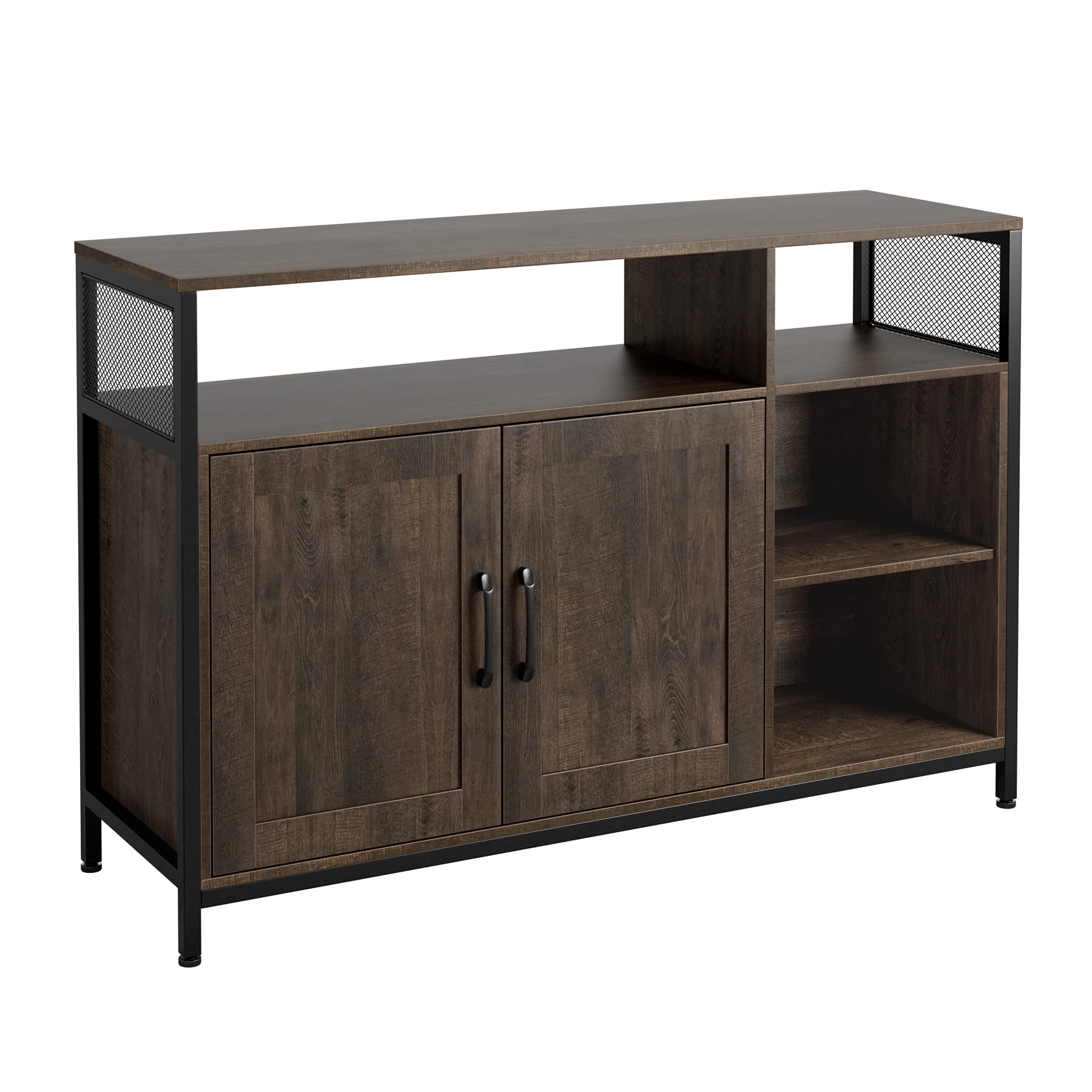 Industrial Buffet Cabinet - Solid Wood Kitchen Storage Sideboard with 2 Doors & Open Shelves, Dining Room Server for Living Room, Entryway, Bedroom - Perfect for Entertaining & Home Organization (Dark Brown)