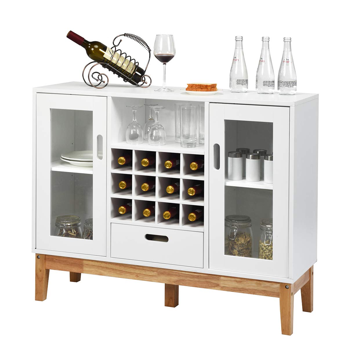 Giantex Buffet Sideboard with Wine Rack - Wooden Kitchen Storage Cabinet with 2 Doors, Drawer & Open Shelf - White & Natural Finish - Perfect for Dining Room, Living Room & Home Bar Organization