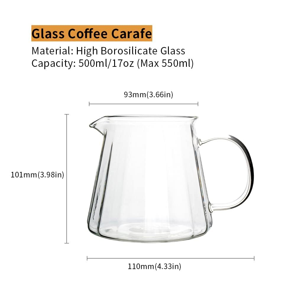 Heat Resistant Borosilicate Glass Coffee Carafe 500ml/17oz - Clear Pour Over Coffee Server for Home, Office & Café - Perfect for Drip Coffee, Iced Coffee & Tea Brewing