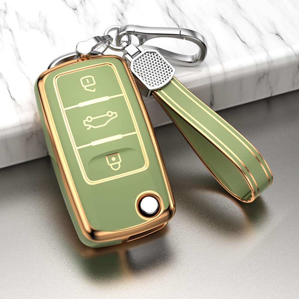 Premium TPU Car Key Fob Cover Case for VW Tiguan Golf Polo T5 Skoda Fabia Seat Altea Leon - 3 Buttons Flip Key Protector Shell with Keyring (Green) - Durable Protection Against Drops & Scratches for Everyday Use