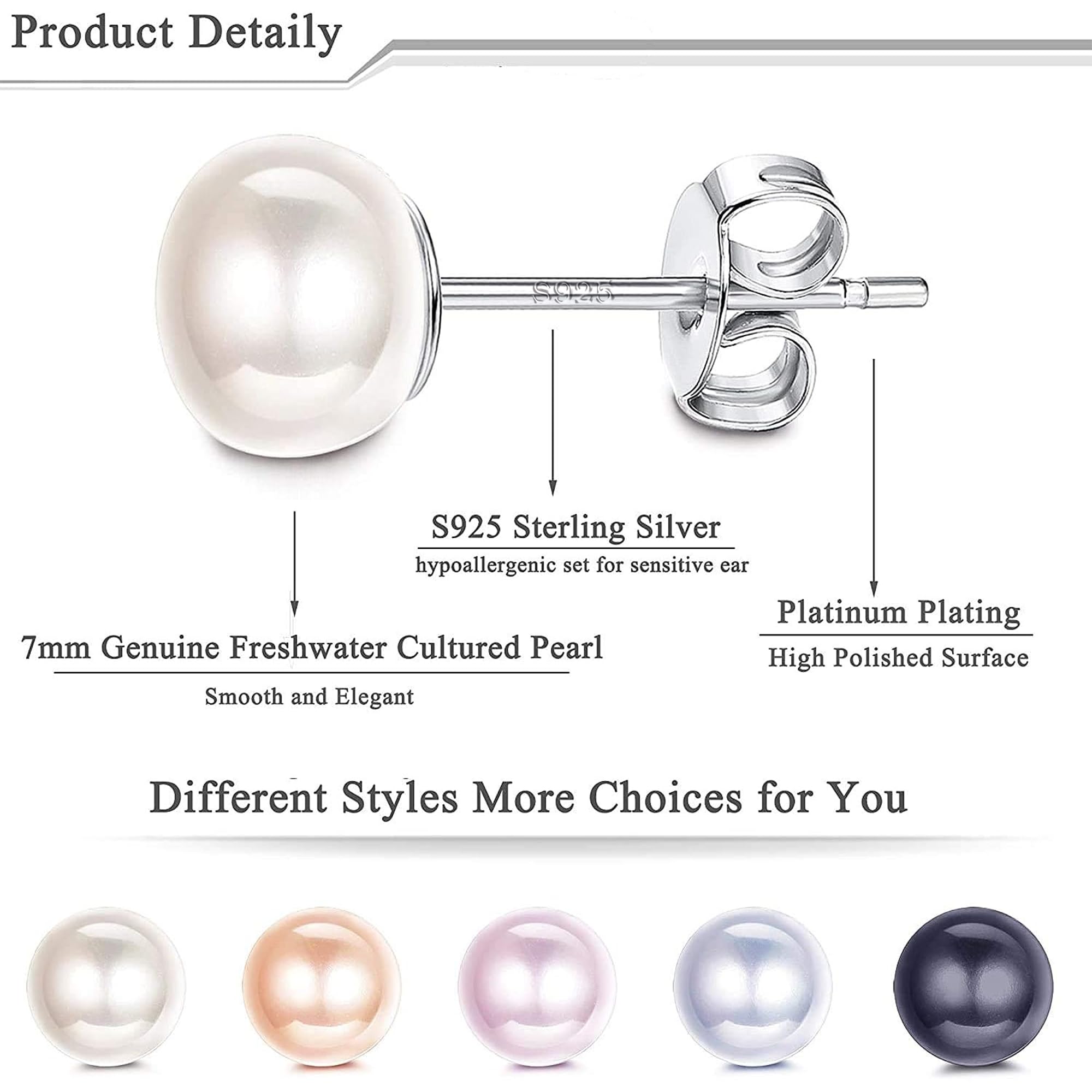 5 Pairs Genuine Freshwater Pearl Stud Earrings for Women - 18K White Gold Plated Sterling Silver Bridal Jewelry Set | Wedding, Anniversary, Party & Everyday Elegant Accessories