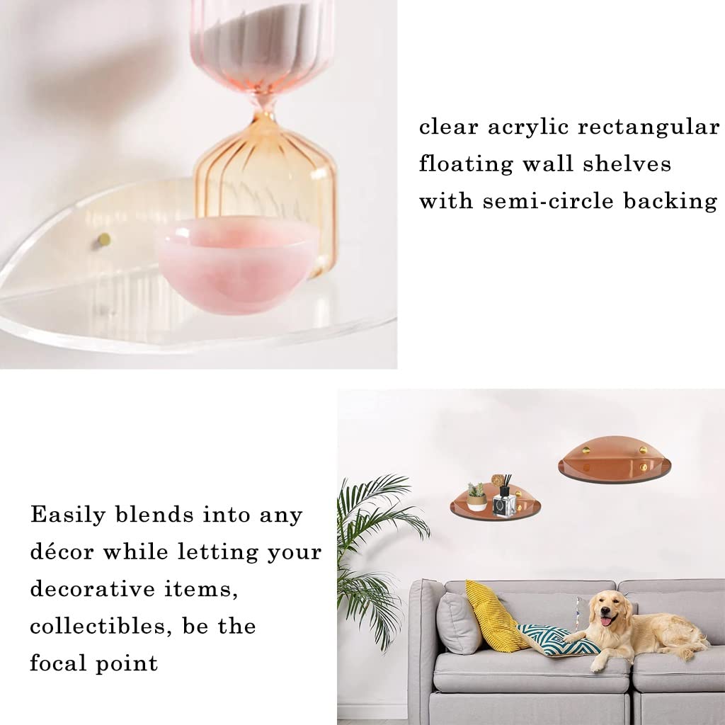 Acrylic Floating Shelves Wall Mounted Set of 2 - Modern Semi-Circle Wall Shelves for Bedroom, Bathroom & Living Room - Display Storage Shelves for Books, Plants, Vases & Home Decor (Brown, Large) - Perfect for Small Space Organization & Stylish Wall Decor