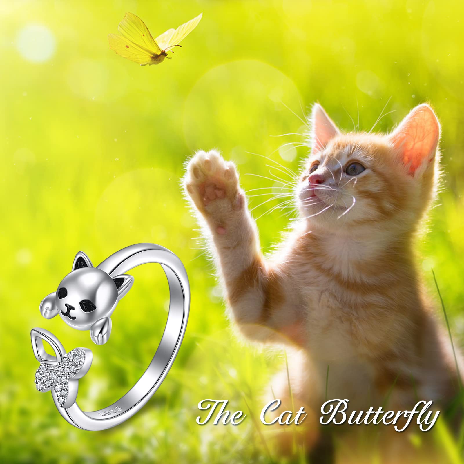 YAFEINI Sterling Silver Cat & Butterfly Open Ring - Elegant Jewelry Gift for Women Cat Lovers | Perfect for Birthday, Anniversary & Everyday Wear
