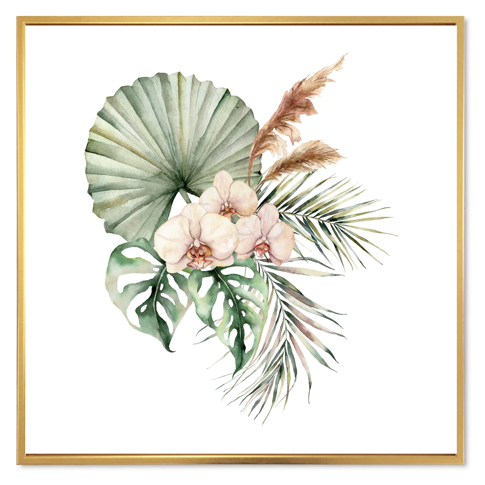 DesignQ Tropical Bouquet With Orchids & Palm Leaves - Framed Canvas Wall Art Print for Home Decor, Living Room, Bedroom, Office | Vibrant Floral Painting | Ready to Hang