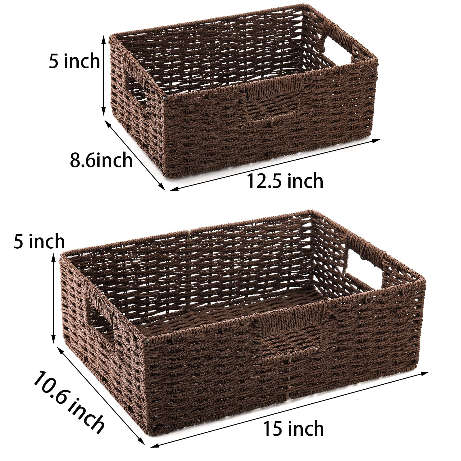 TOPZEA 2-Pack Brown Wicker Storage Baskets - Handwoven Paper Rope Shelf Organizer with Handle for Pantry, Kitchen, Bathroom & Coffee Bar | Perfect for Home Organization, Closet Storage & Decorative Shelving