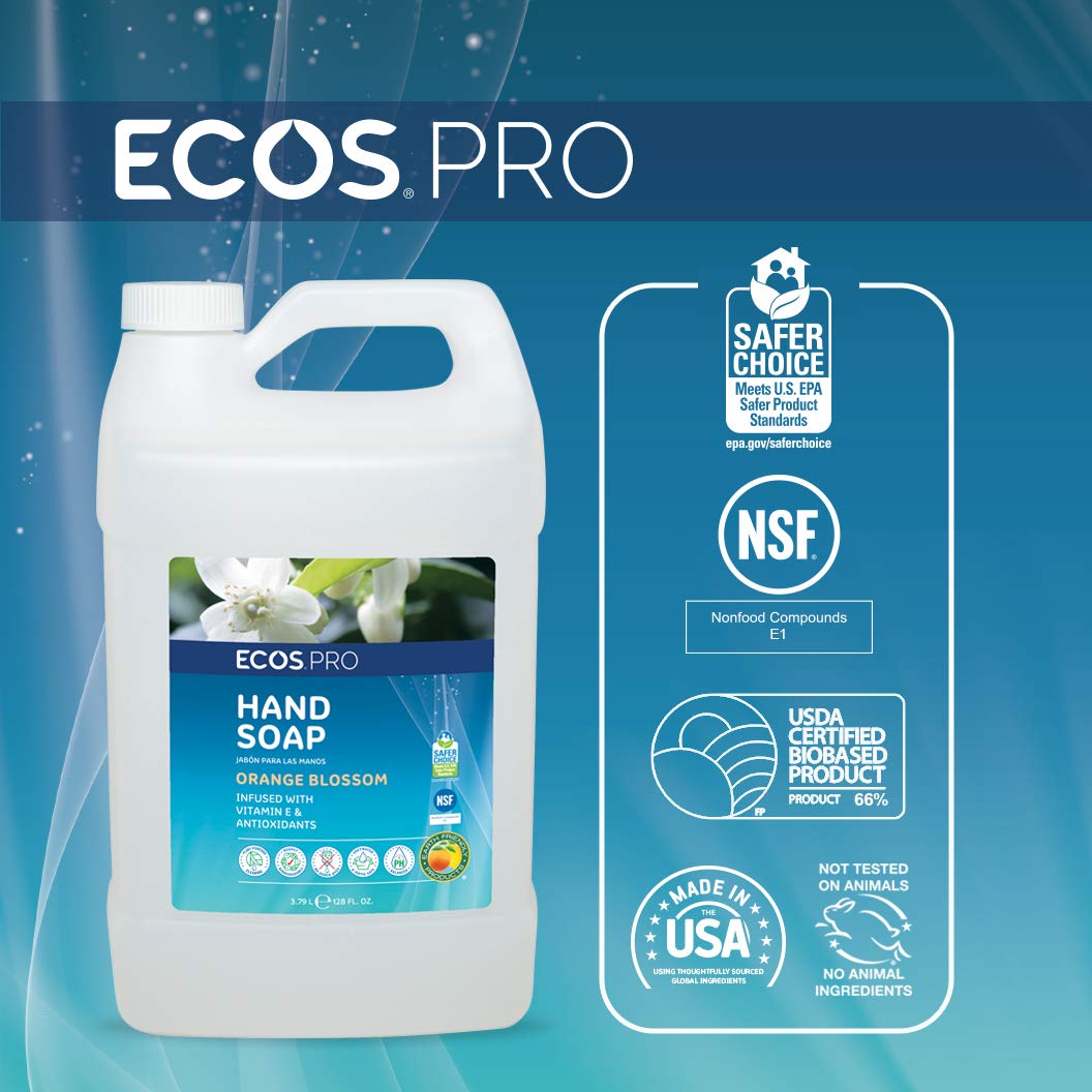 ECOS PRO Hypoallergenic Hand Soap Refill - 1 Gallon (128 Fl Oz) Pack of 4 | Vitamin E & Antioxidant Enriched | Biodegradable & Made in USA | Orange Blossom Scent | Ideal for Homes, Offices & Commercial Use