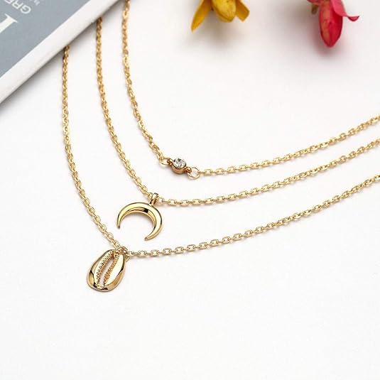18K Gold Plated Layered Necklace Set with Shell Moon Pendant & Crystal Choker - Elegant Layering Chain Jewelry for Women | Perfect for Date Night, Beach Vacation & Boho Fashion