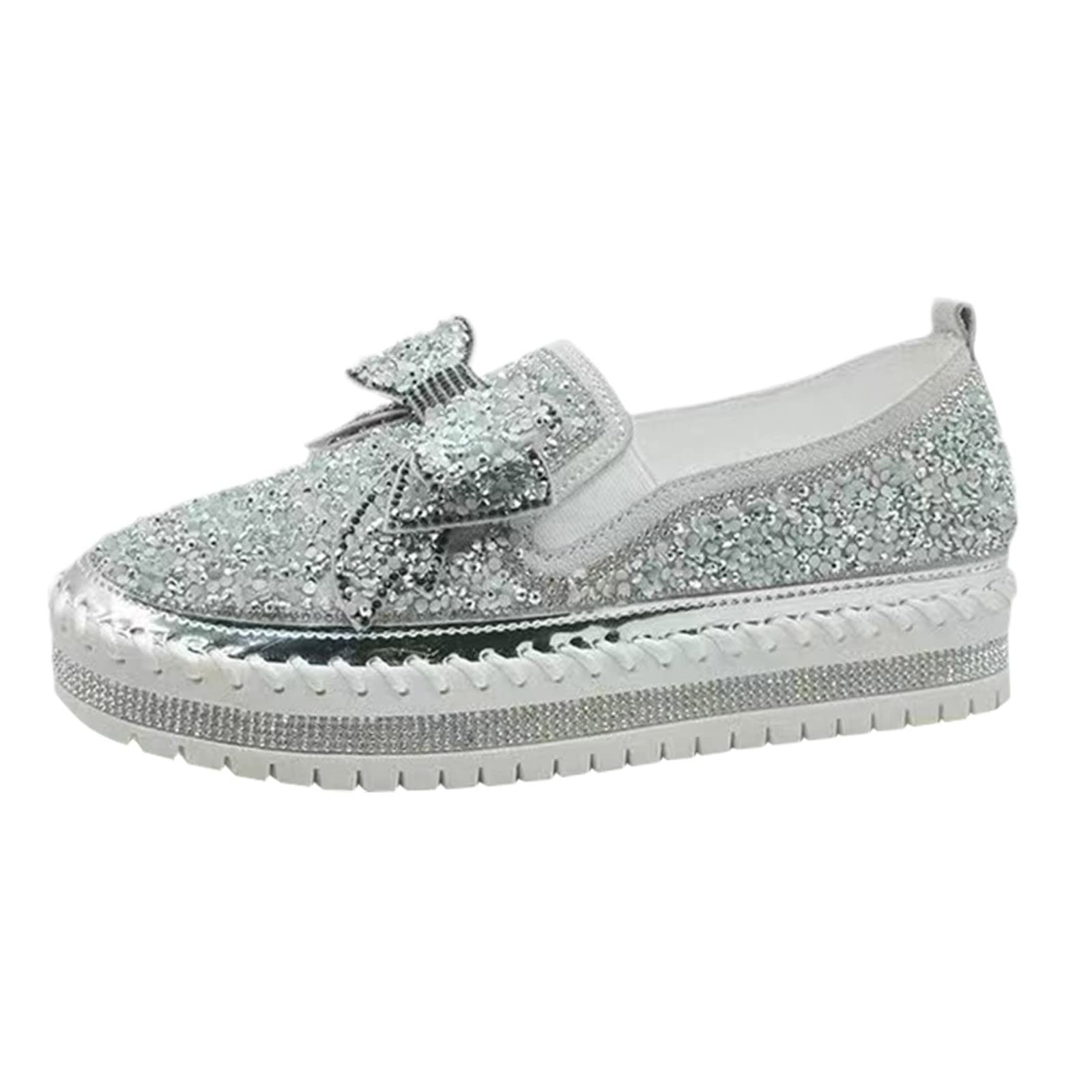 AODONG Women's Casual Walking Shoes with Sequin & Rhinestone Bow - Comfortable Platform Round Toe Sneakers for Everyday Wear, Shopping & Travel