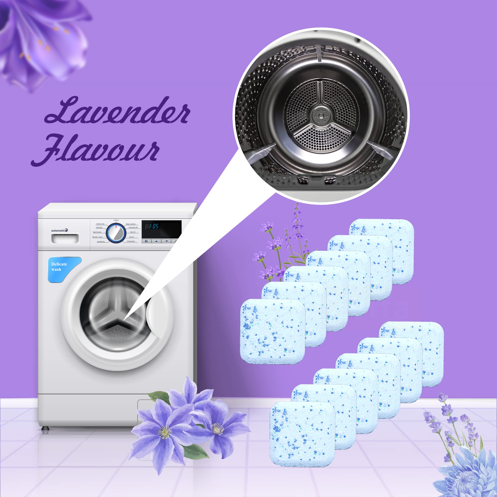 Zerfa 12-Pack Lavender Scented Washing Machine Cleaner Tablets - Deep Clean & Descaling for Front & Top Load Washers - Removes Stains & Odors - Perfect for Laundry Refresh & Appliance Maintenance