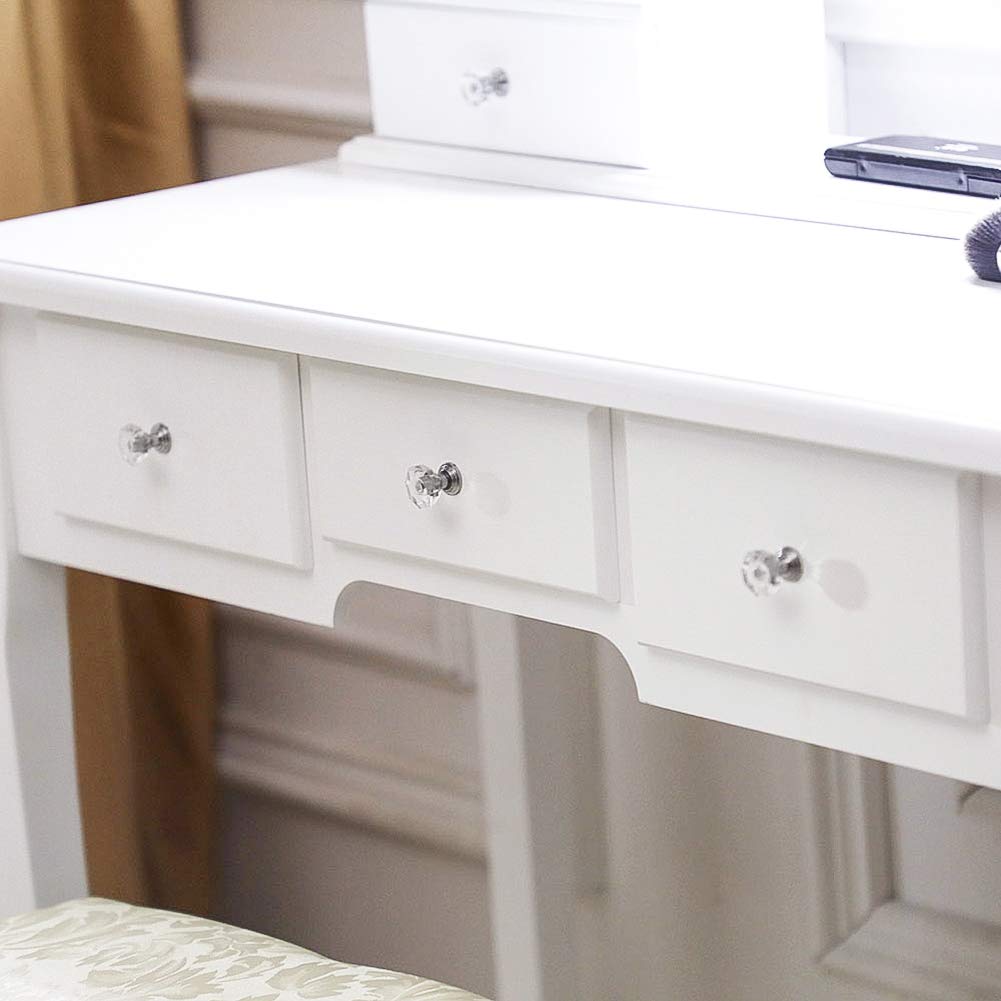 White Vanity Table Set with Lighted Oval Mirror & Stool - 5 Drawer Wooden Dressing Table for Bedroom | Perfect for Makeup, Skincare & Hair Styling