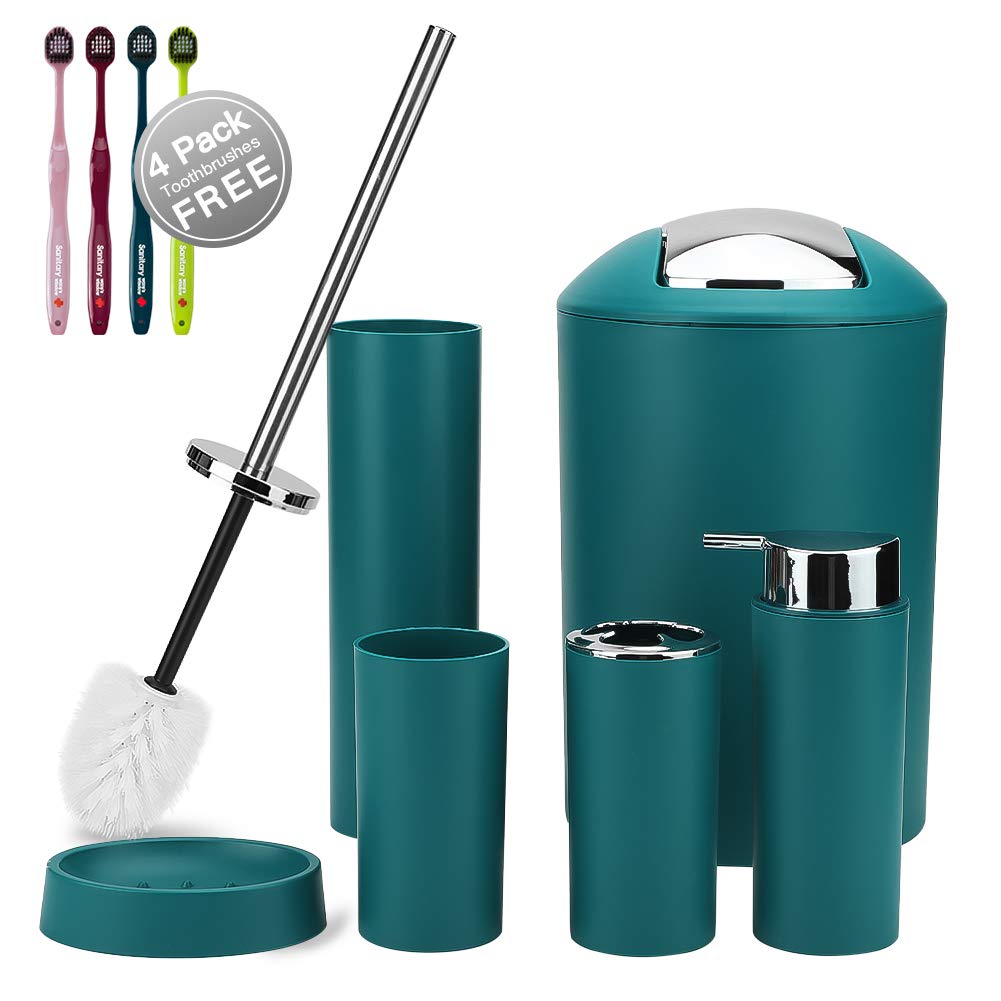 6-Piece Bathroom Accessories Set - Toothbrush Holder, Soap Dispenser, Trash Can, Tumbler Cup, Toilet Brush & Holder - Modern Deep Green Bathroom Decor - Perfect for Home, Apartment, and Guest Bathroom Organization