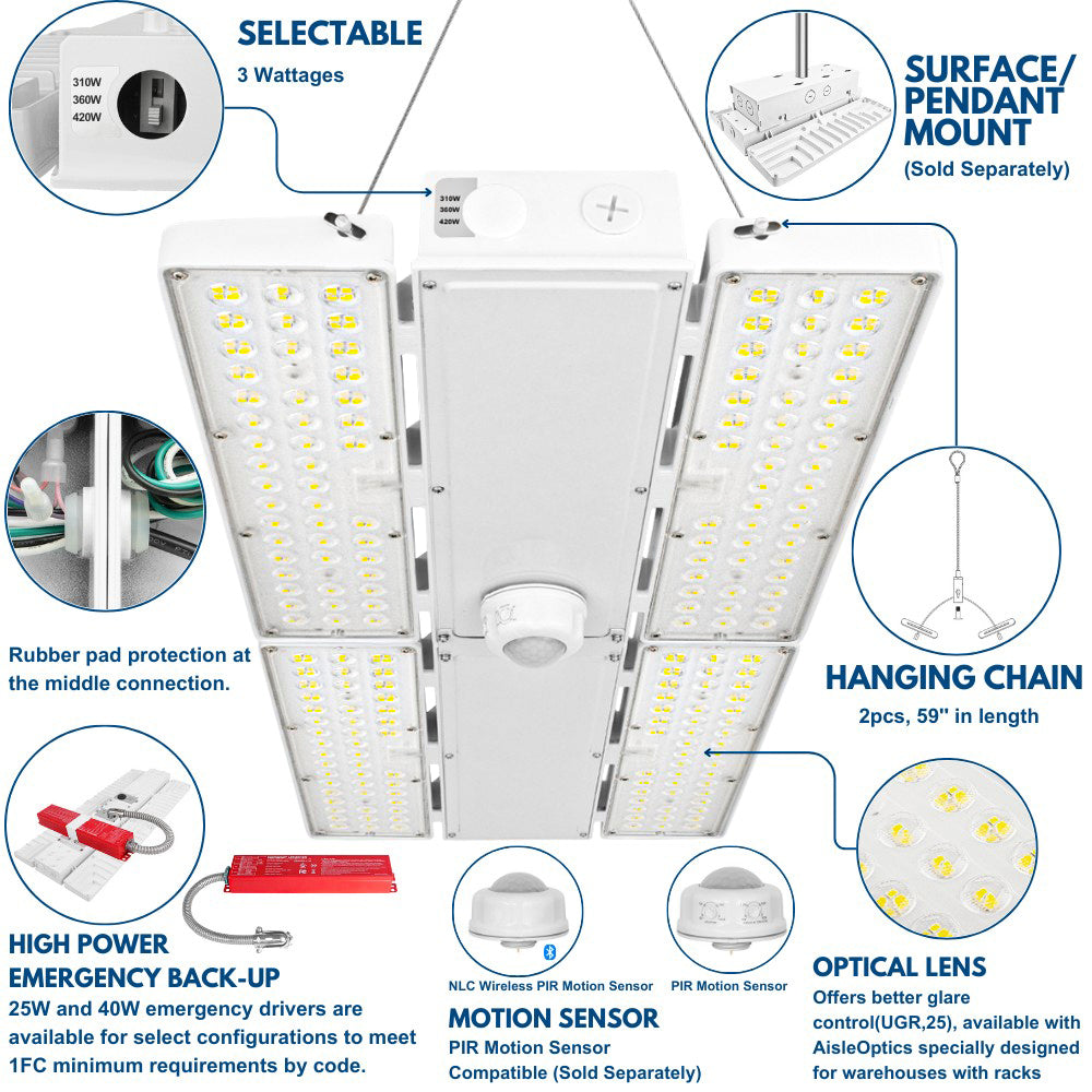 PAVO V LED High Bay Light 420W/360W/310W Selectable - 63,800 Lumens - 120-277V - 5000K Daylight White - Equivalent to 1000W Metal Halide - Ideal for Warehouses, Factories & Commercial Spaces